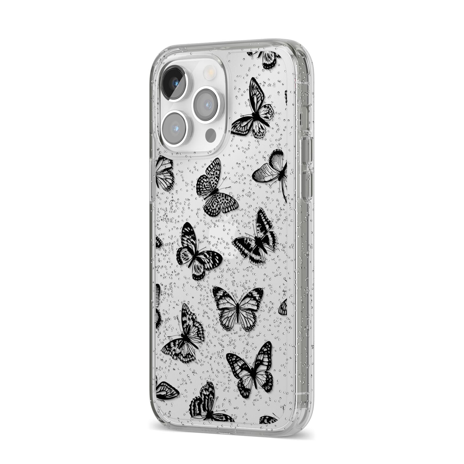Butterfly iPhone 14 Pro Max Glitter Tough Case Silver Angled Image