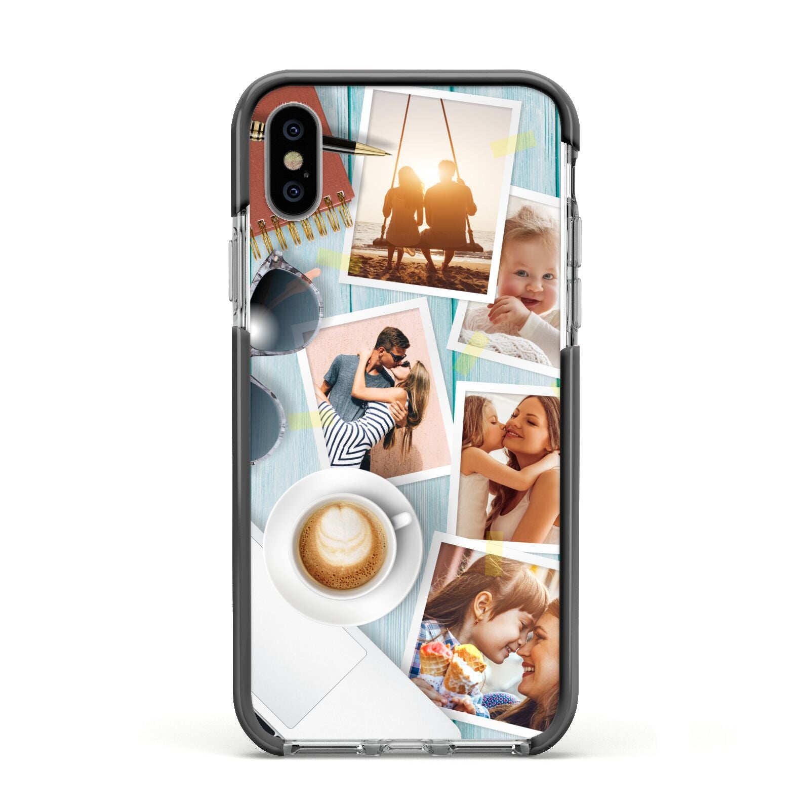 Cafe Scene Photo Montage Upload Apple iPhone Xs Impact Case Black Edge on Silver Phone