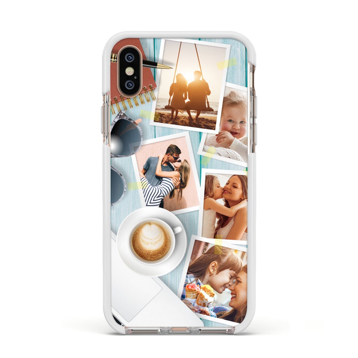 Cafe Scene Photo Montage Upload Apple iPhone Xs Impact Case White Edge on Gold Phone