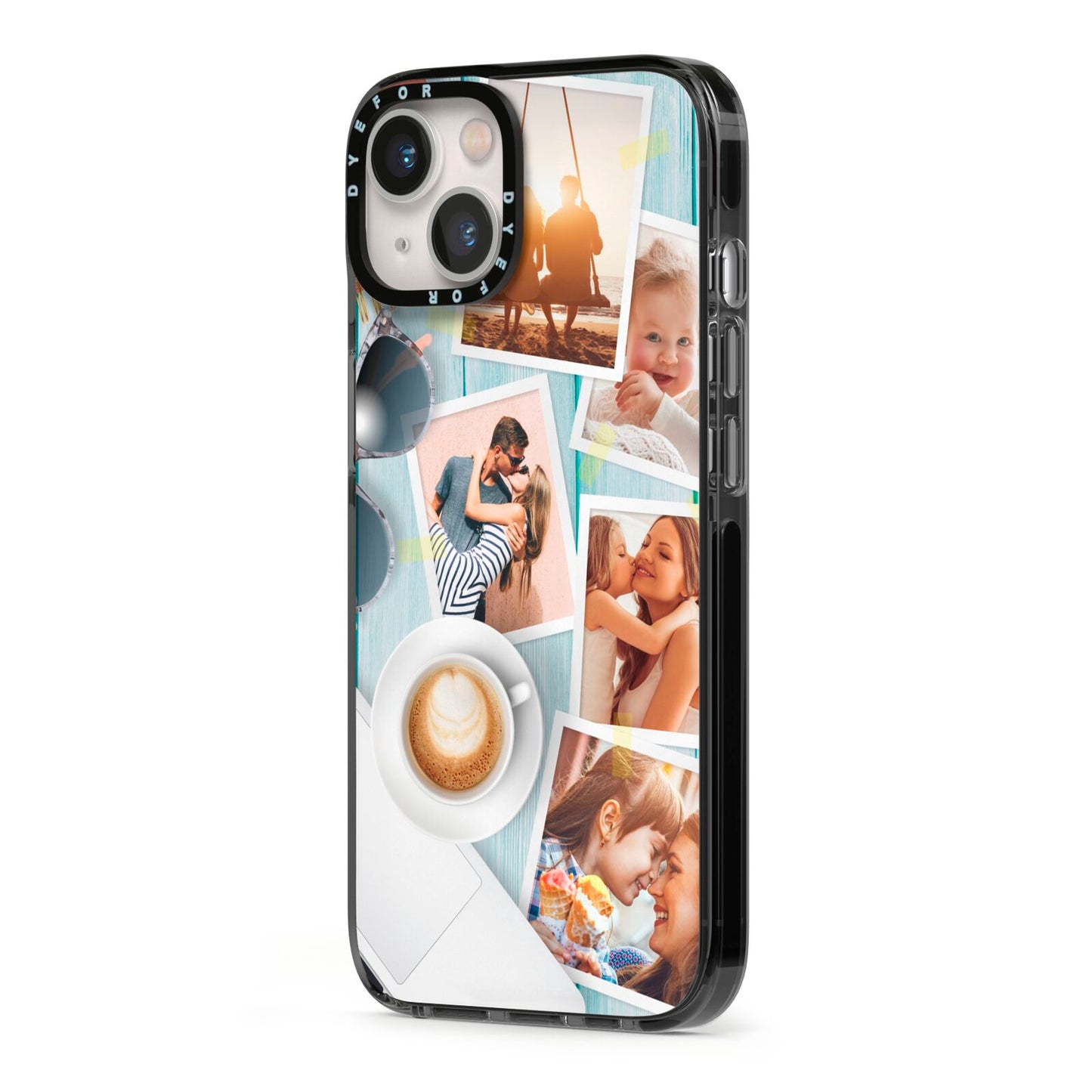 Cafe Scene Photo Montage Upload iPhone 13 Black Impact Case Side Angle on Silver phone
