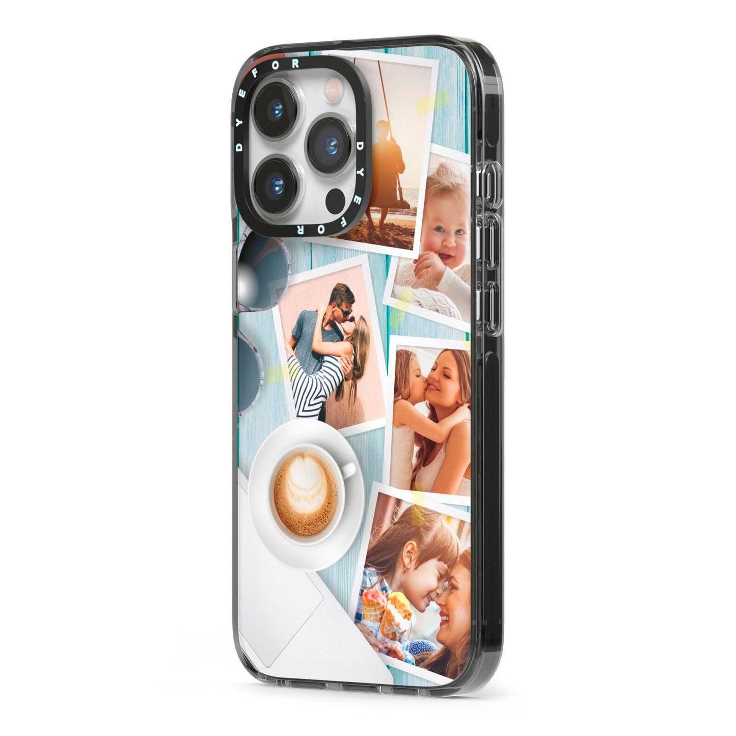 Cafe Scene Photo Montage Upload iPhone 13 Pro Black Impact Case Side Angle on Silver phone