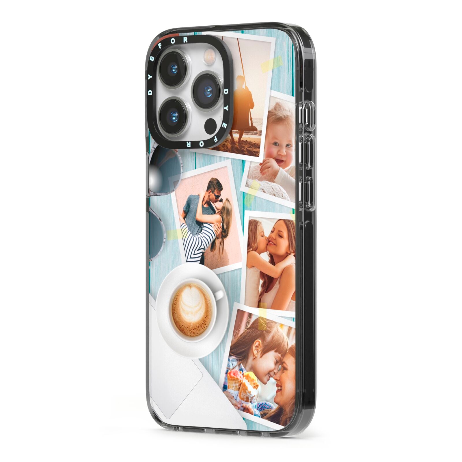 Cafe Scene Photo Montage Upload iPhone 13 Pro Black Impact Case Side Angle on Silver phone