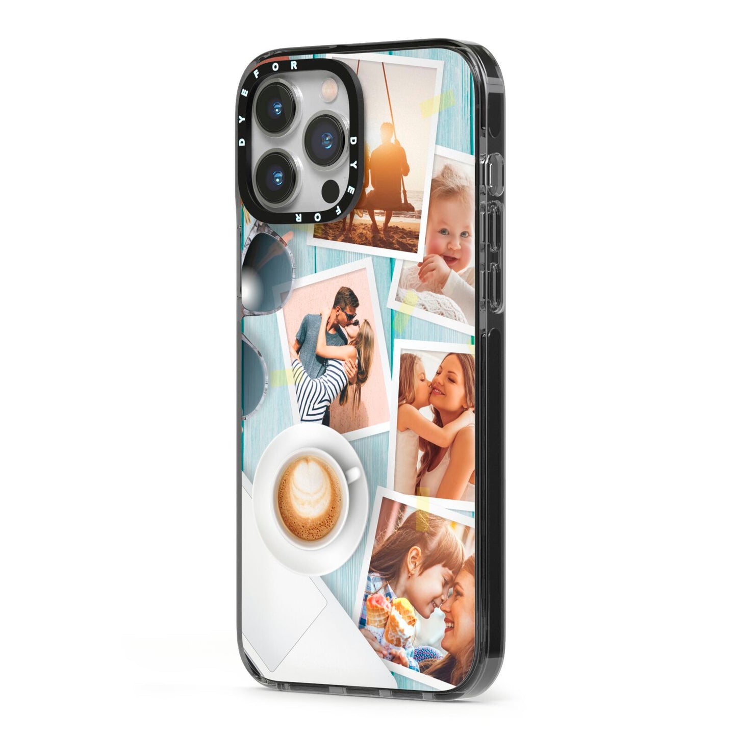 Cafe Scene Photo Montage Upload iPhone 13 Pro Max Black Impact Case Side Angle on Silver phone