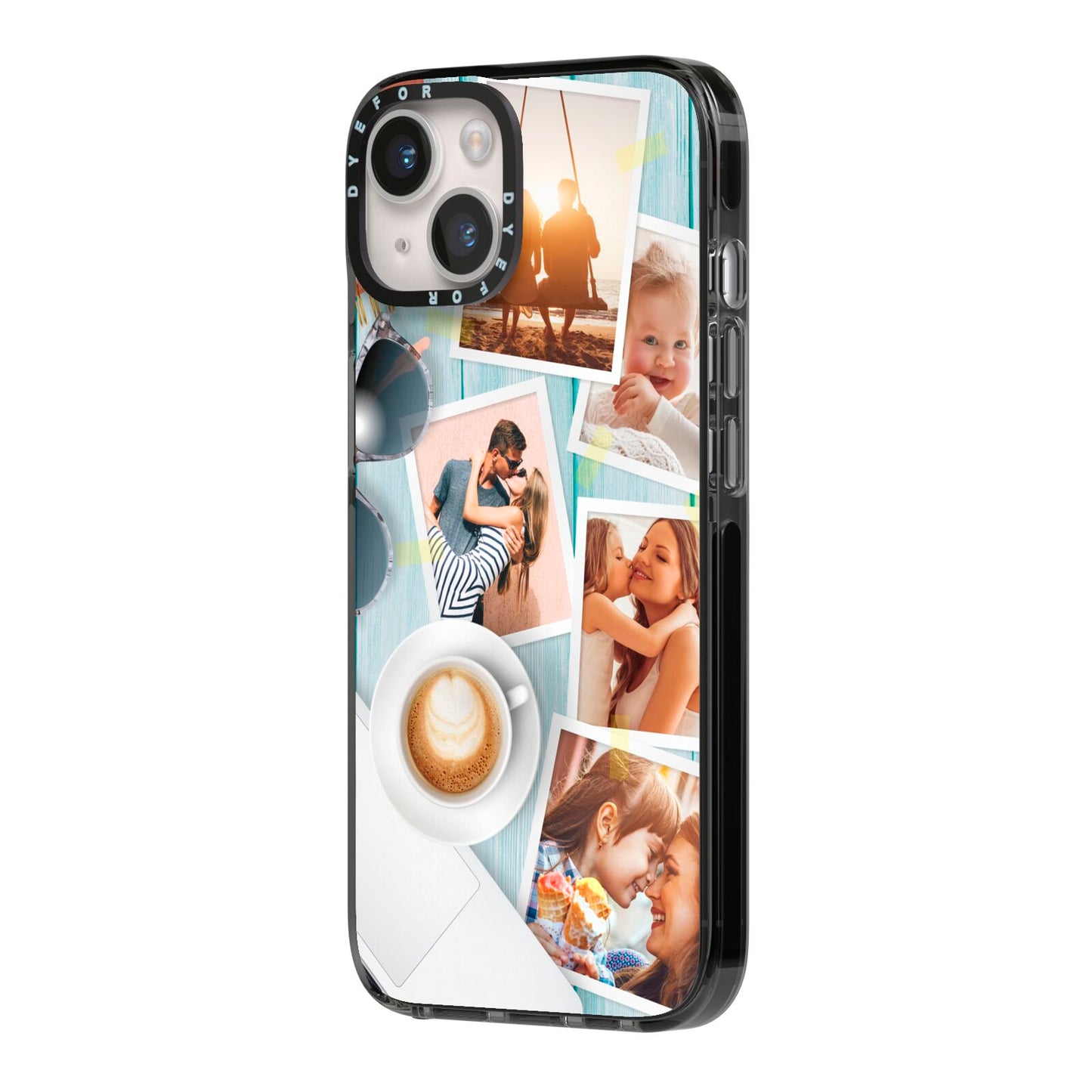 Cafe Scene Photo Montage Upload iPhone 14 Black Impact Case Side Angle on Silver phone