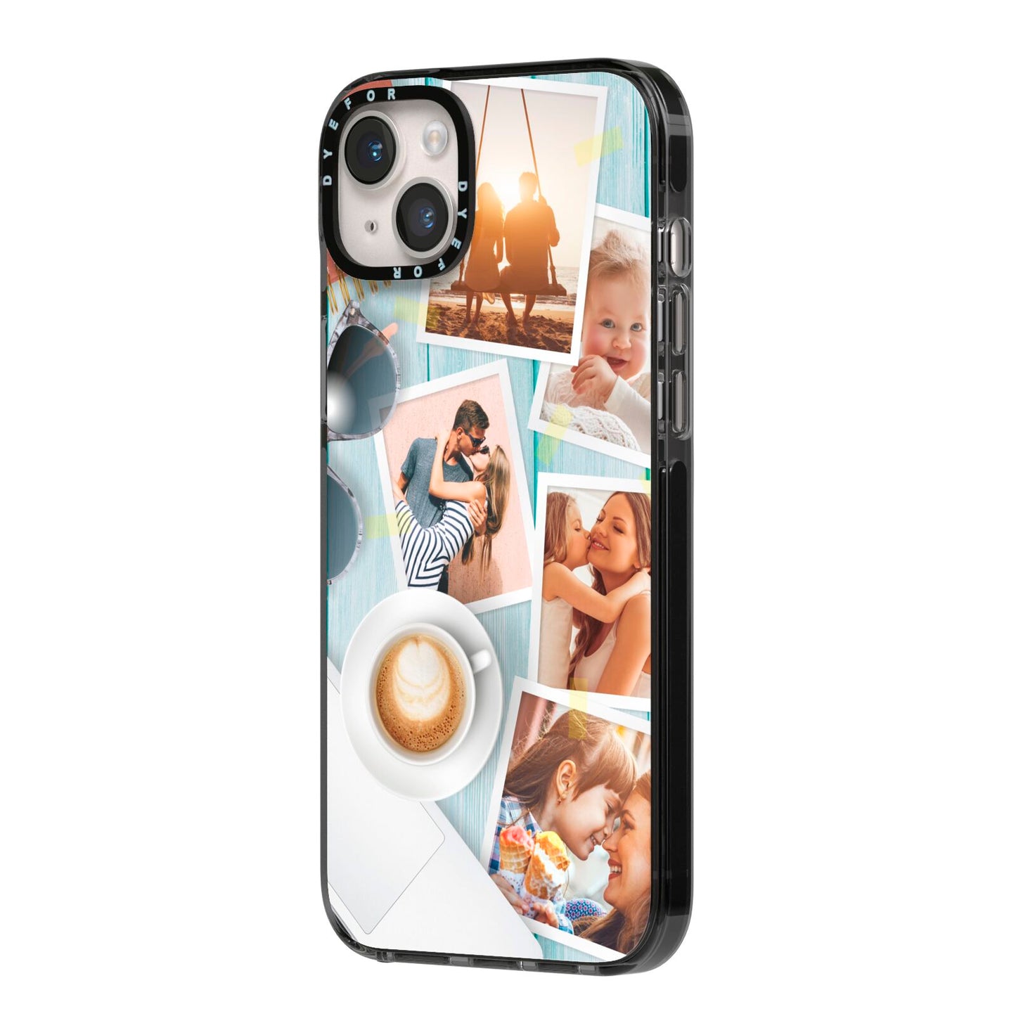 Cafe Scene Photo Montage Upload iPhone 14 Plus Black Impact Case Side Angle on Silver phone