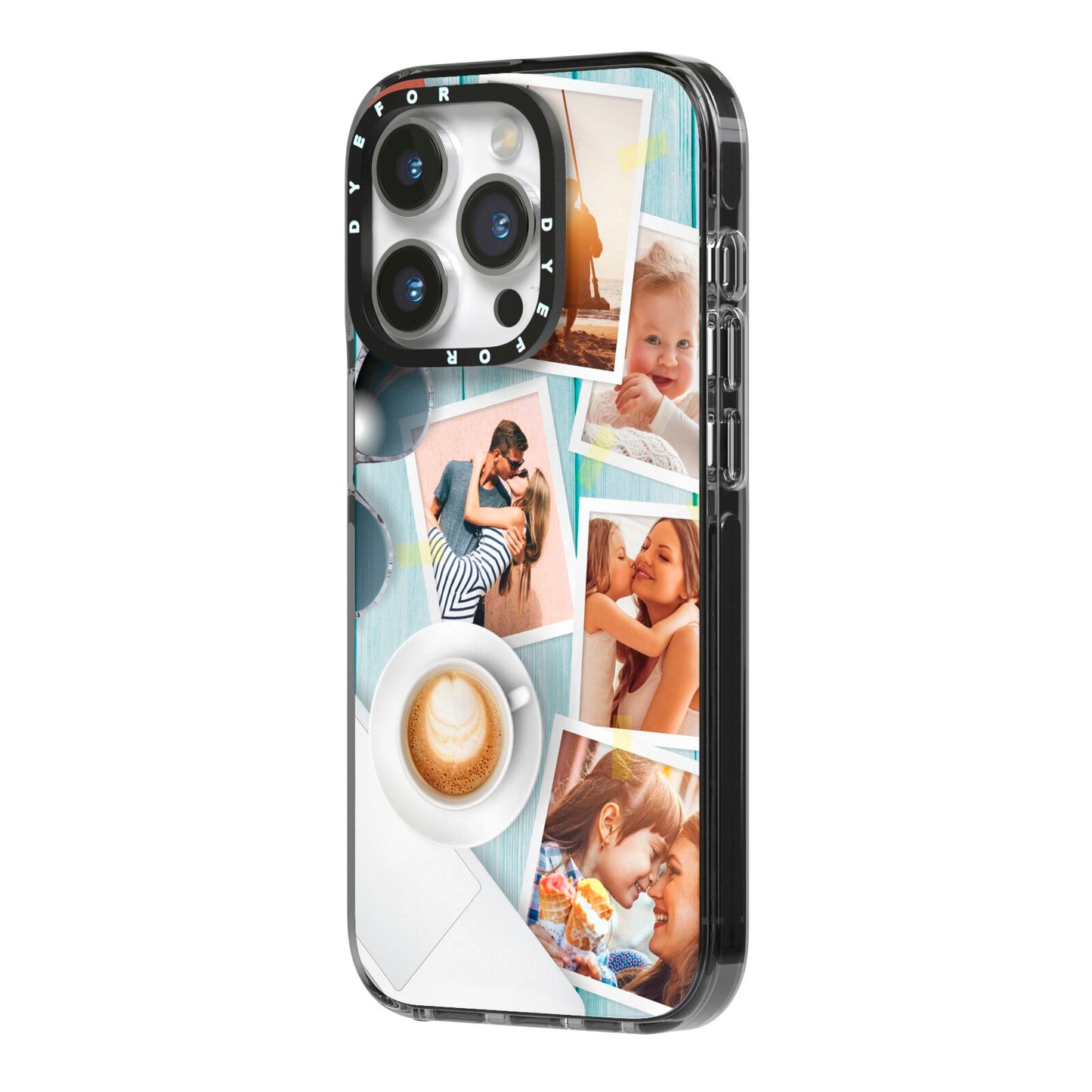 Cafe Scene Photo Montage Upload iPhone 14 Pro Black Impact Case Side Angle on Silver phone