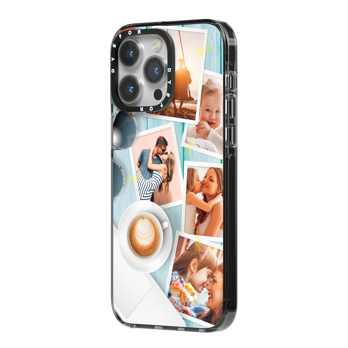 Cafe Scene Photo Montage Upload iPhone 14 Pro Max Black Impact Case Side Angle on Silver phone
