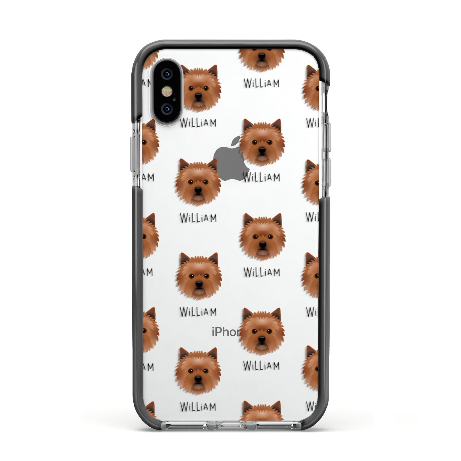 Cairn Terrier Icon with Name Apple iPhone Xs Impact Case Black Edge on Silver Phone