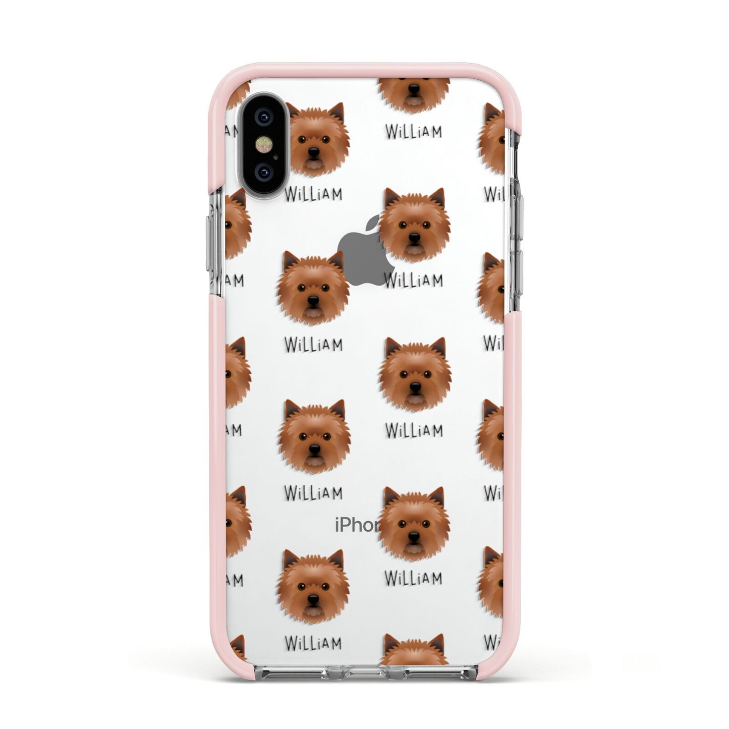 Cairn Terrier Icon with Name Apple iPhone Xs Impact Case Pink Edge on Silver Phone