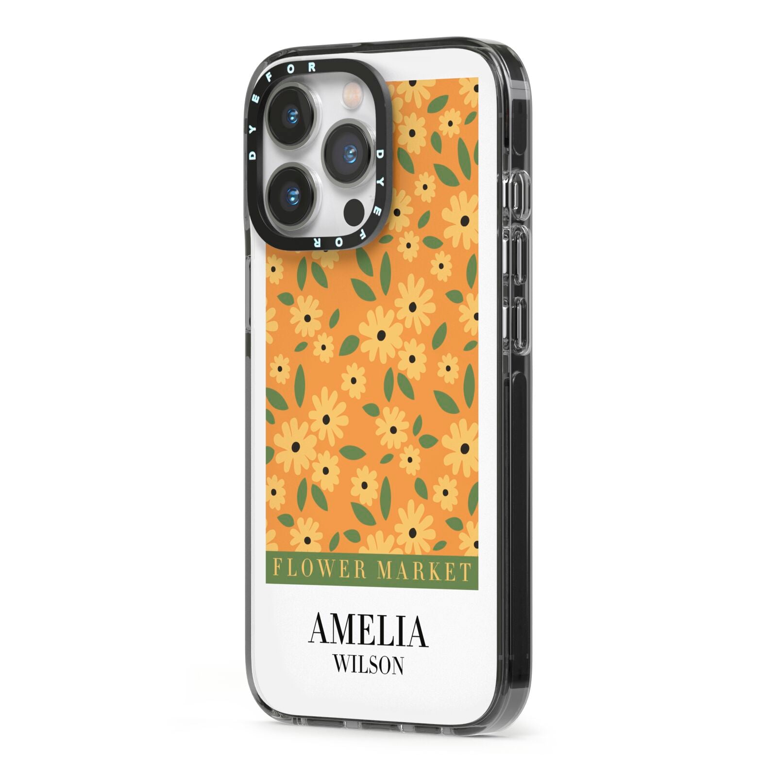 California Flower Market iPhone 13 Pro Black Impact Case Side Angle on Silver phone