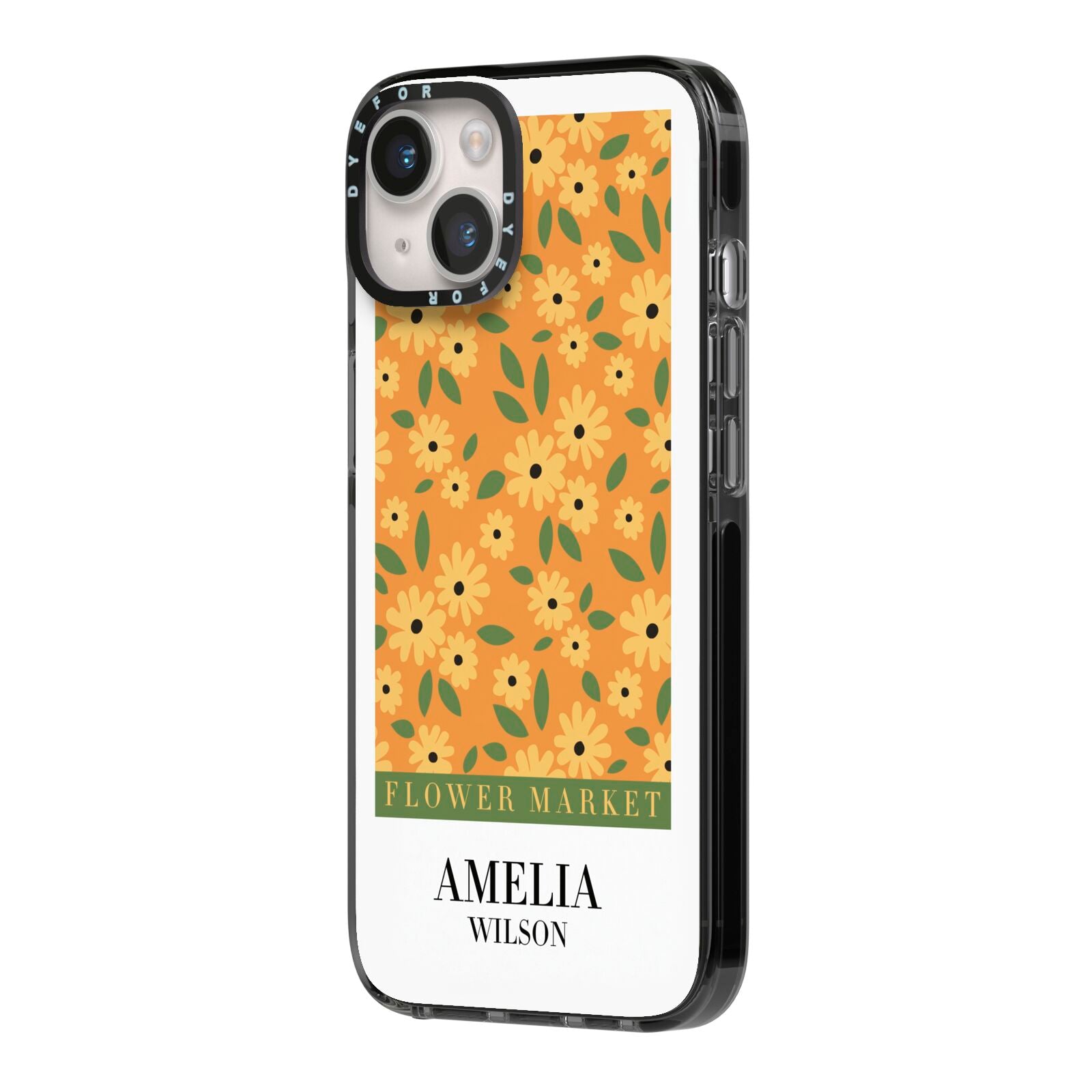 California Flower Market iPhone 14 Black Impact Case Side Angle on Silver phone