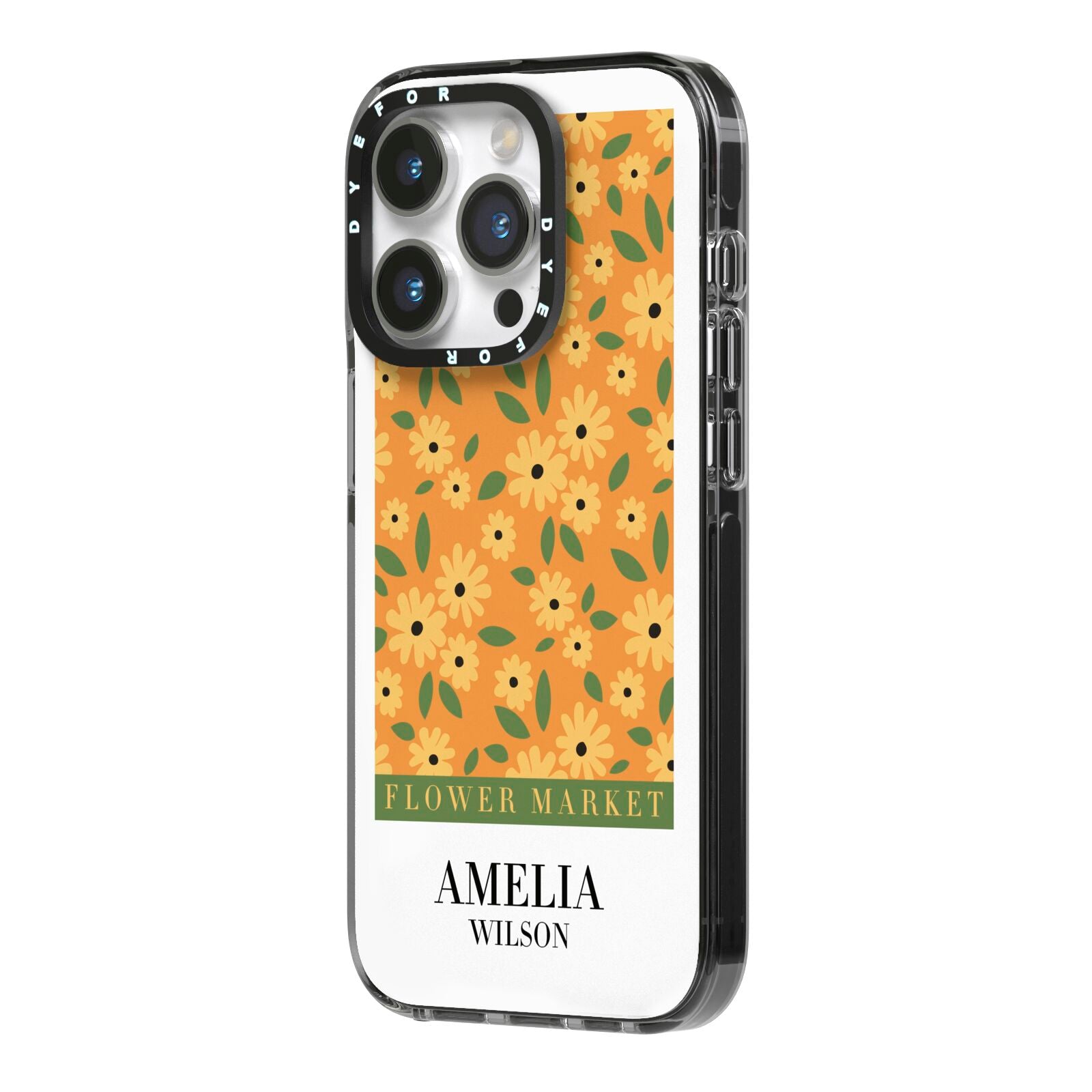California Flower Market iPhone 14 Pro Black Impact Case Side Angle on Silver phone