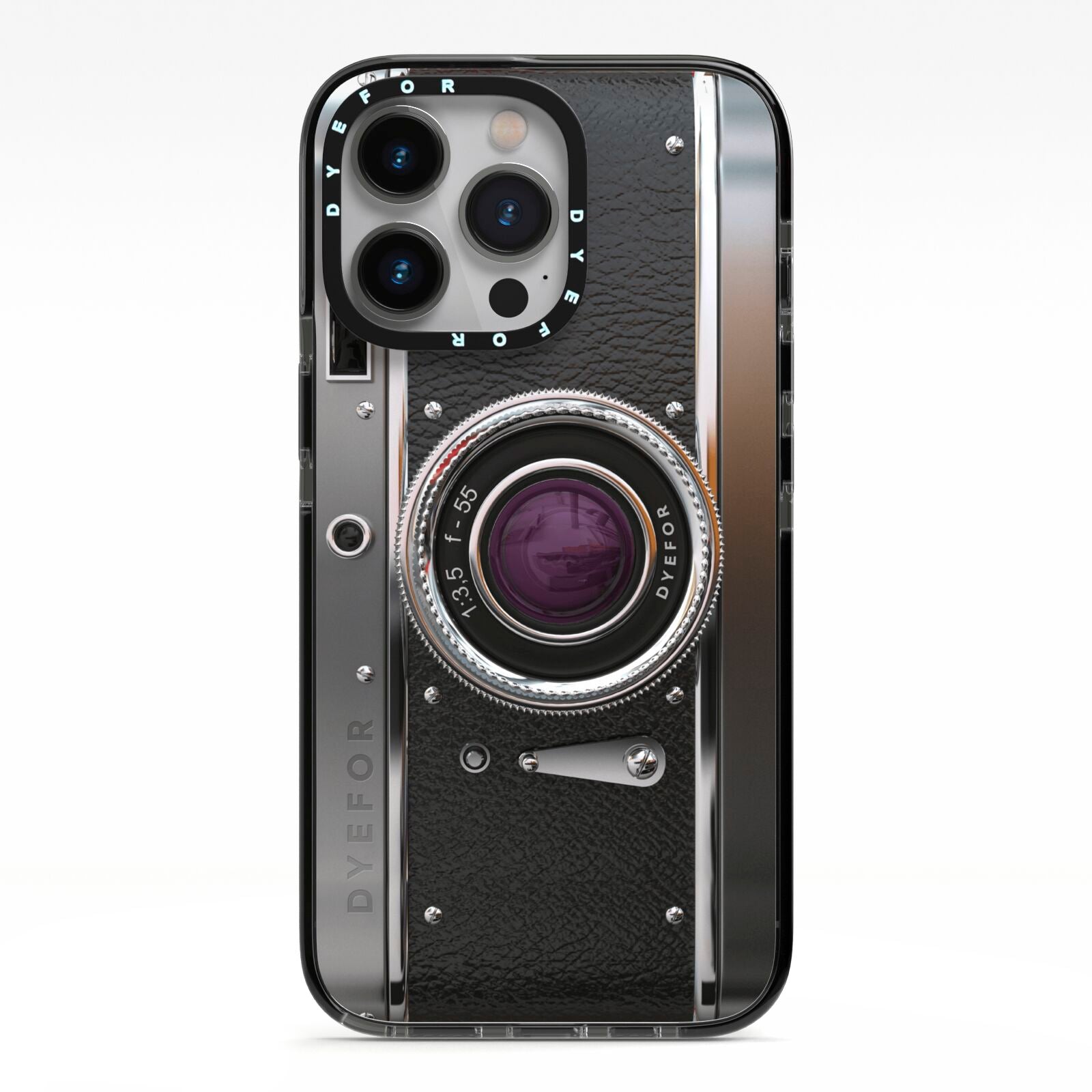 Camera iPhone 13 Pro Black Impact Case on Silver phone