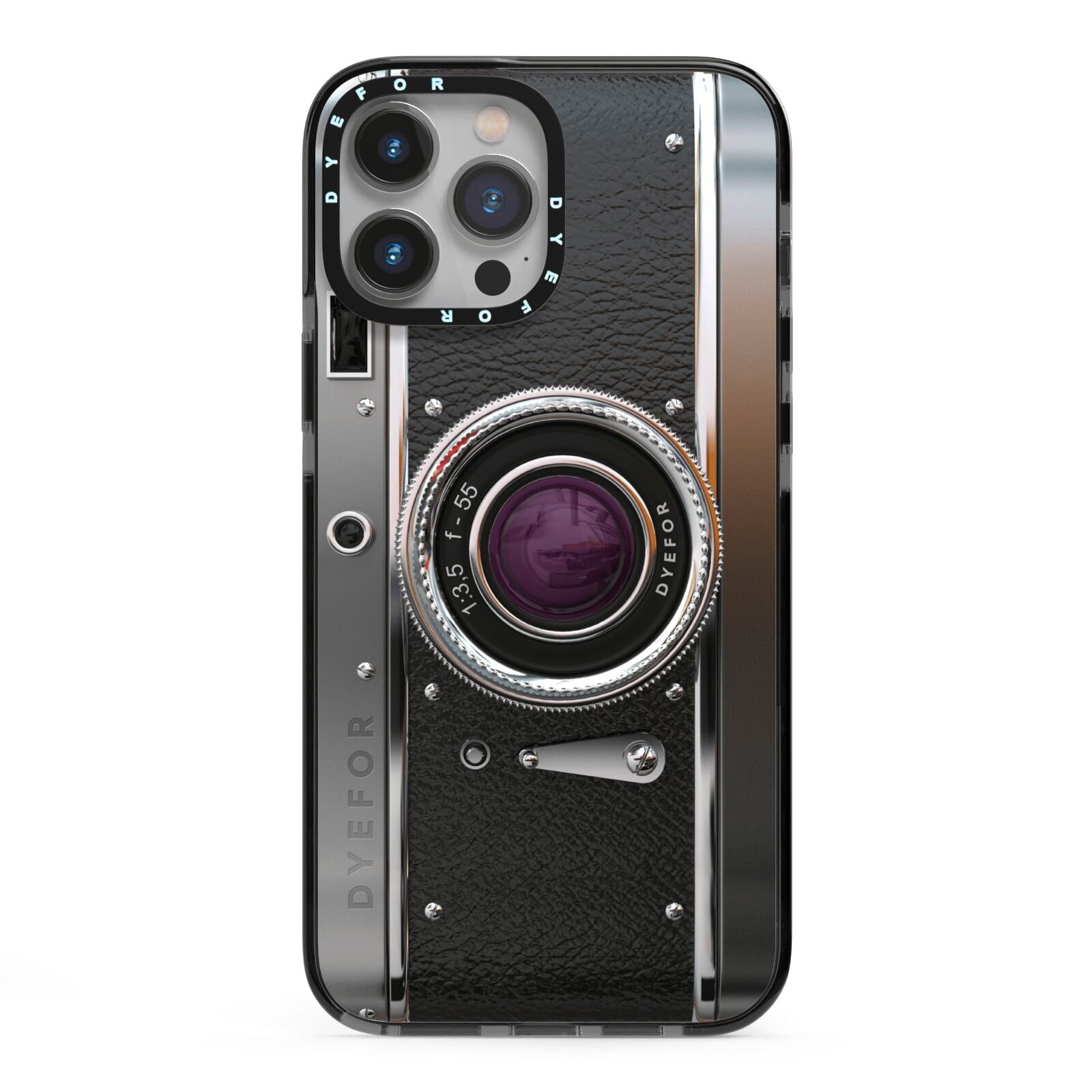 Camera iPhone 13 Pro Max Black Impact Case on Silver phone