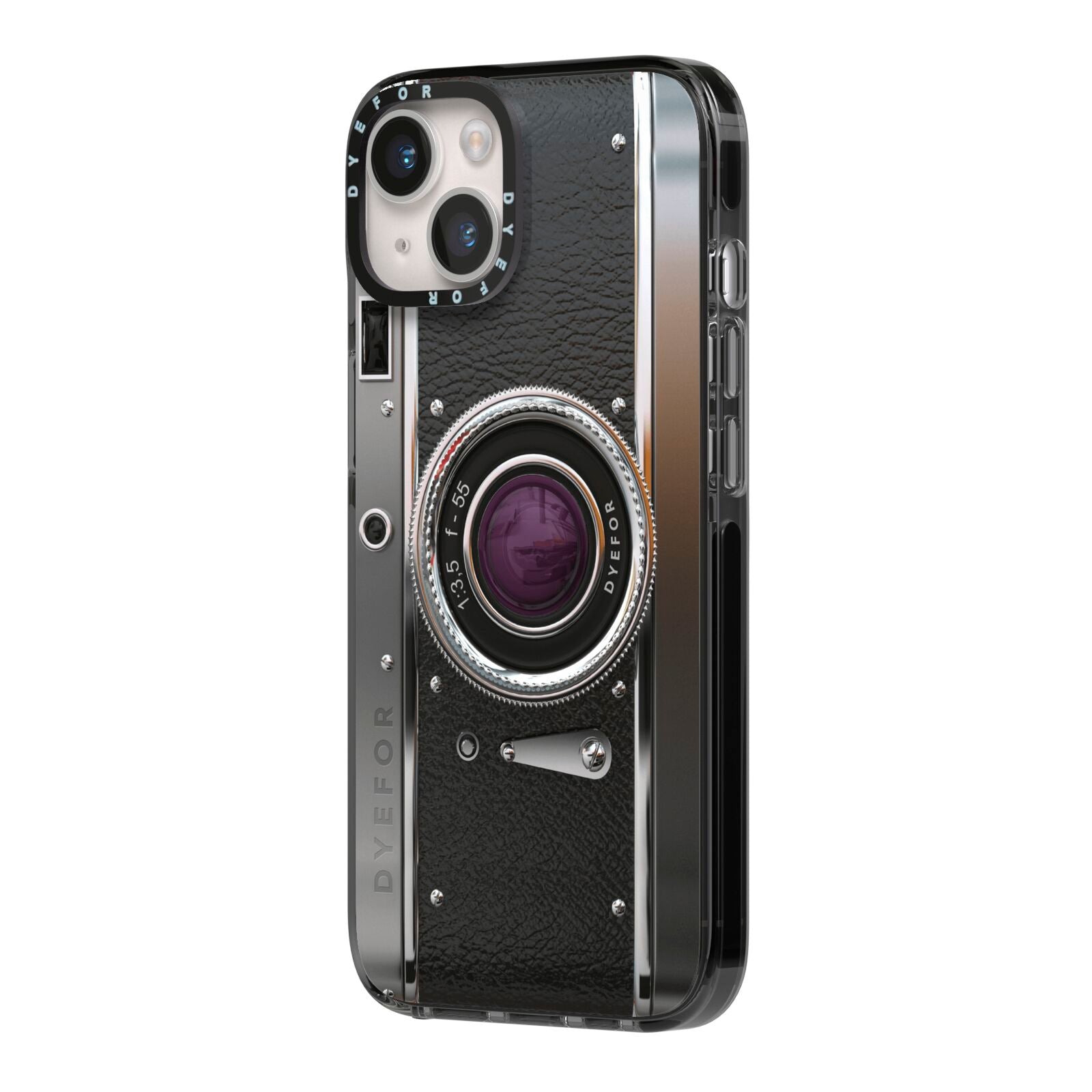 Camera iPhone 14 Black Impact Case Side Angle on Silver phone