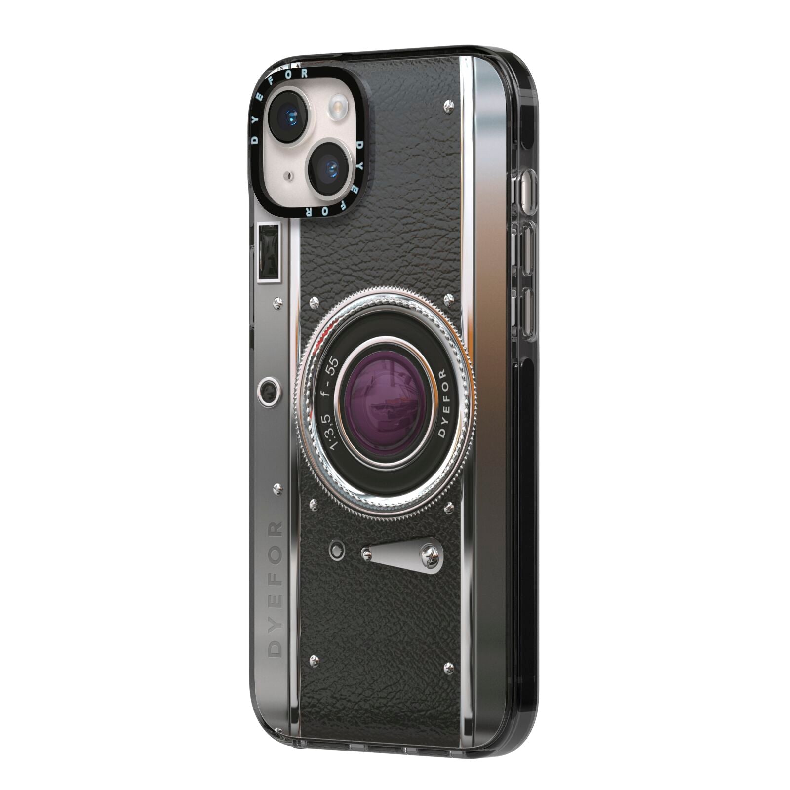 Camera iPhone 14 Plus Black Impact Case Side Angle on Silver phone