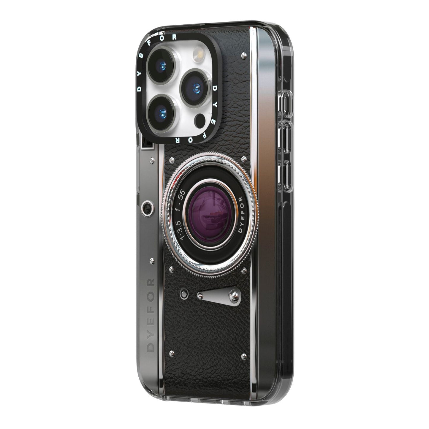 Camera iPhone 14 Pro Black Impact Case Side Angle on Silver phone