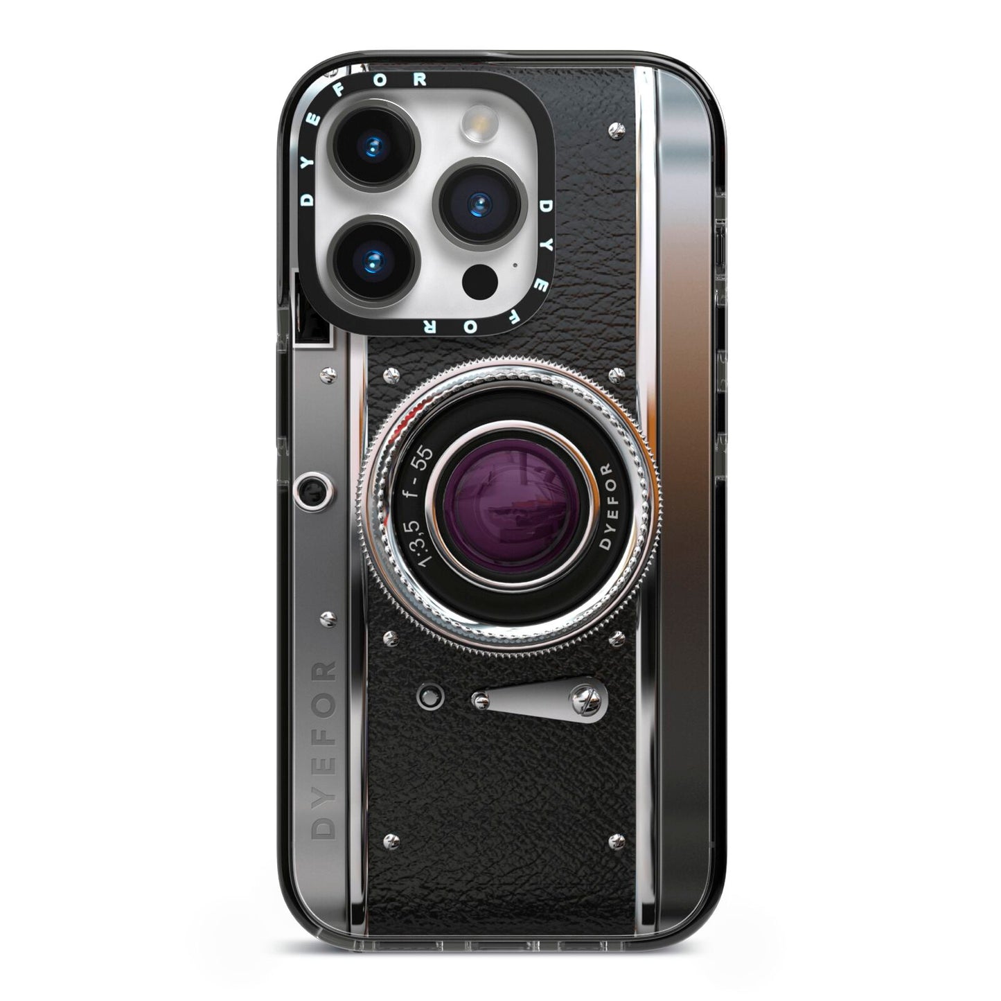 Camera iPhone 14 Pro Black Impact Case on Silver phone