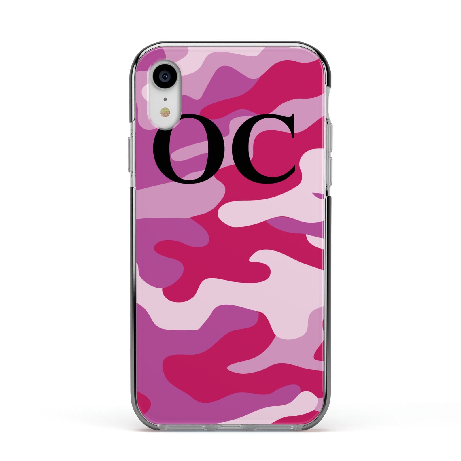 Camouflage Personalised Apple iPhone XR Impact Case Black Edge on Silver Phone