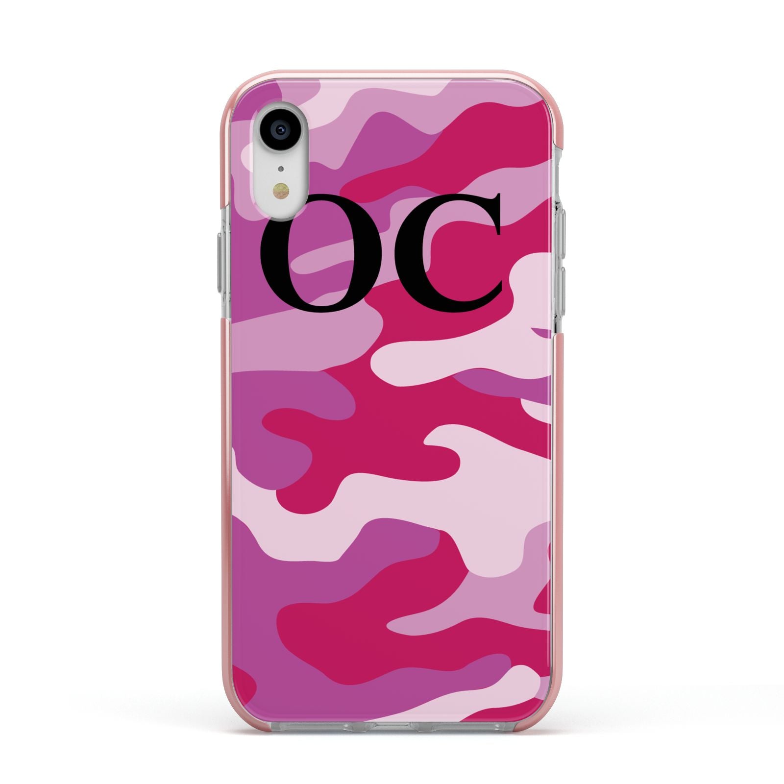 Camouflage Personalised Apple iPhone XR Impact Case Pink Edge on Silver Phone