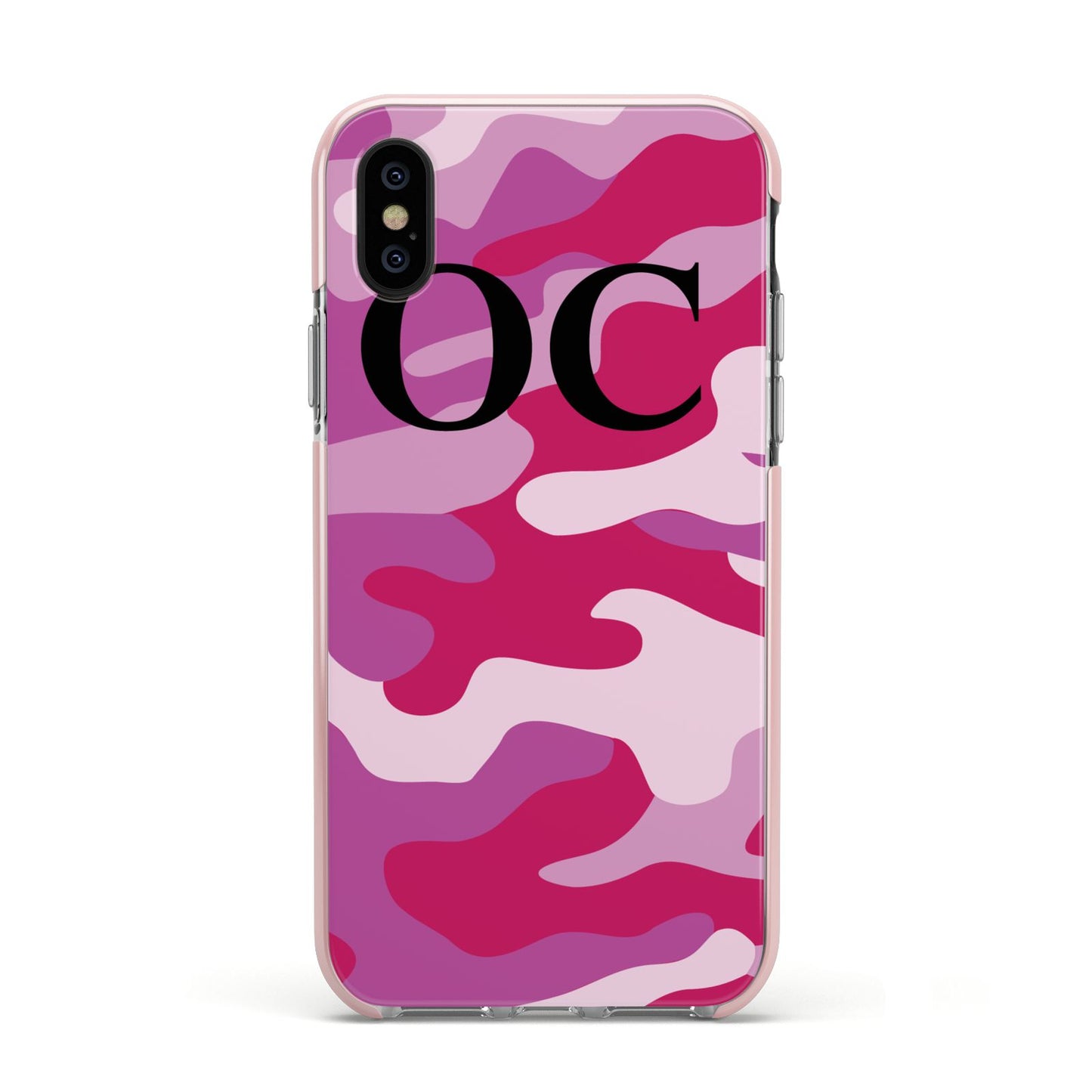 Camouflage Personalised Apple iPhone Xs Impact Case Pink Edge on Black Phone