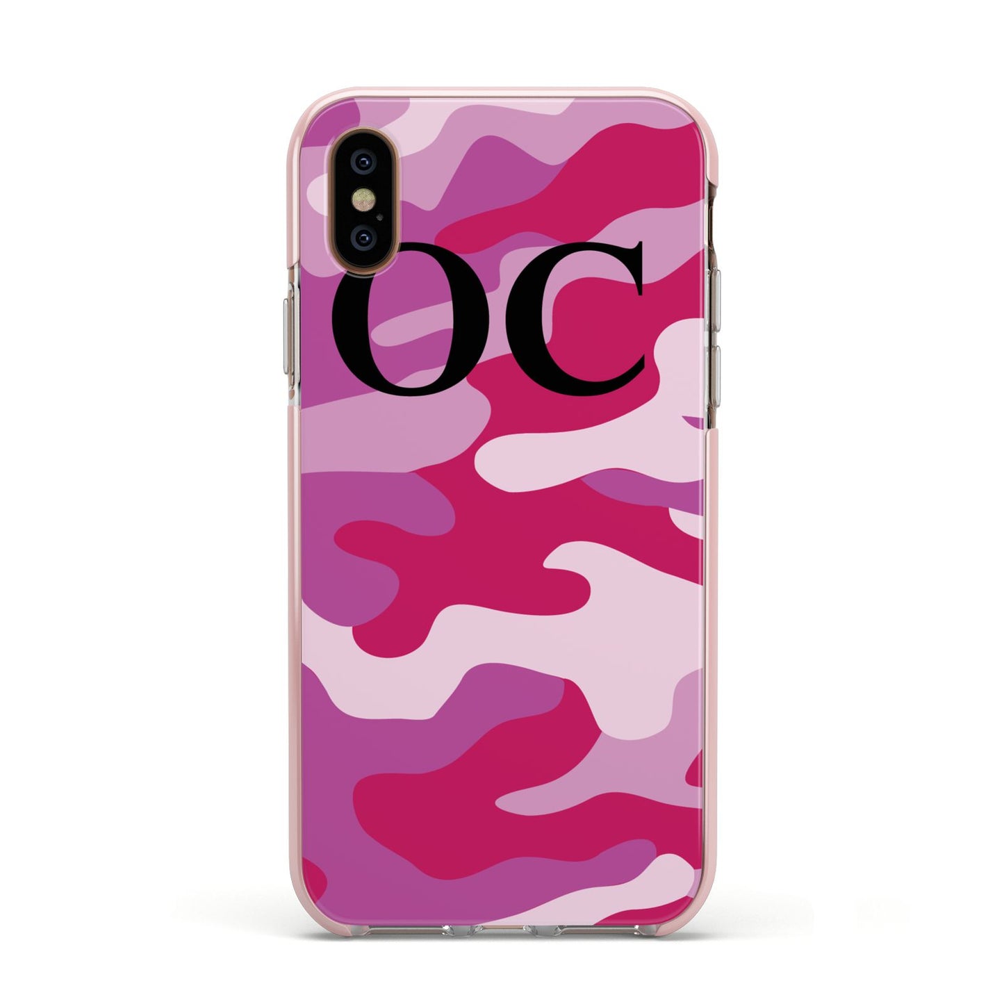 Camouflage Personalised Apple iPhone Xs Impact Case Pink Edge on Gold Phone