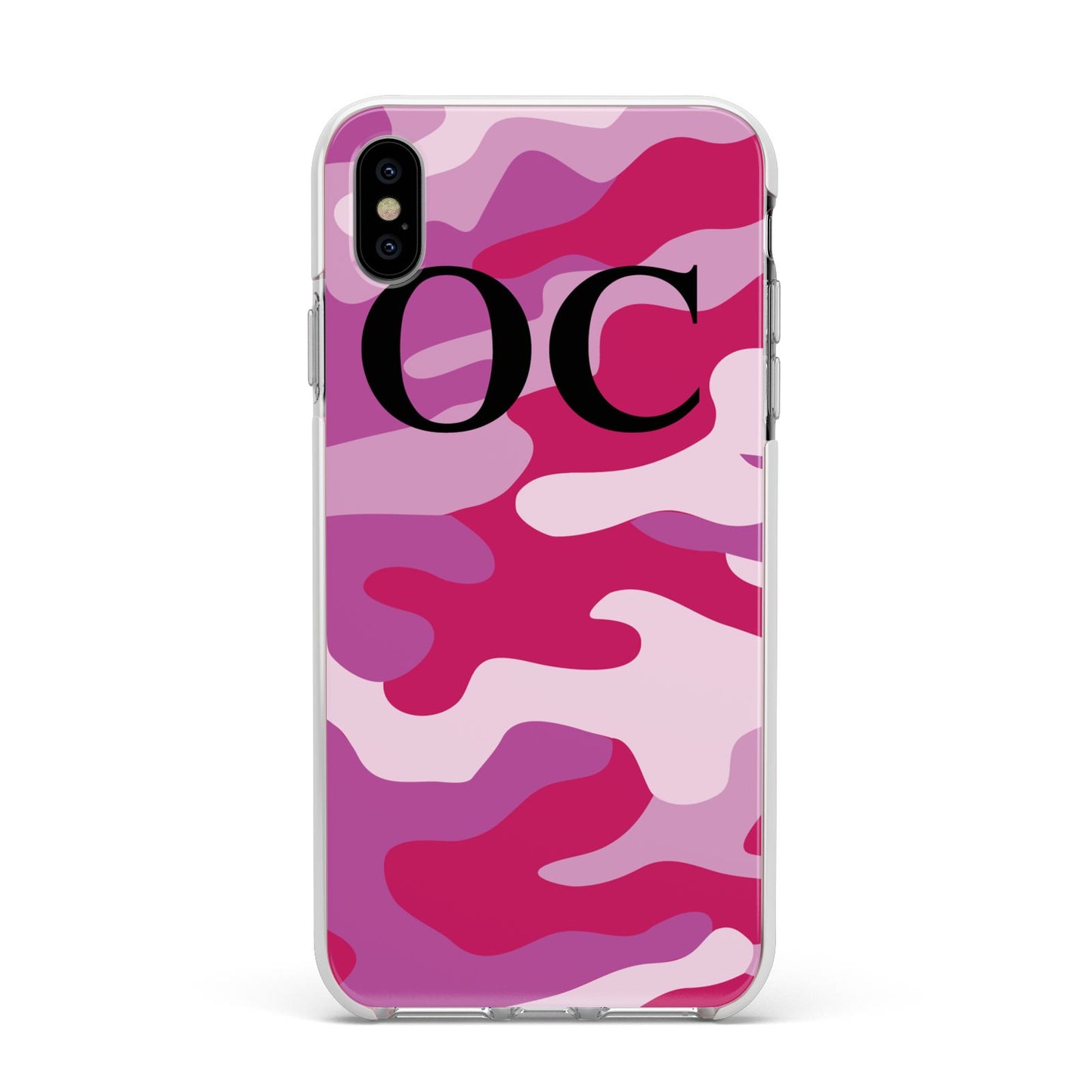Camouflage Personalised Apple iPhone Xs Max Impact Case White Edge on Silver Phone