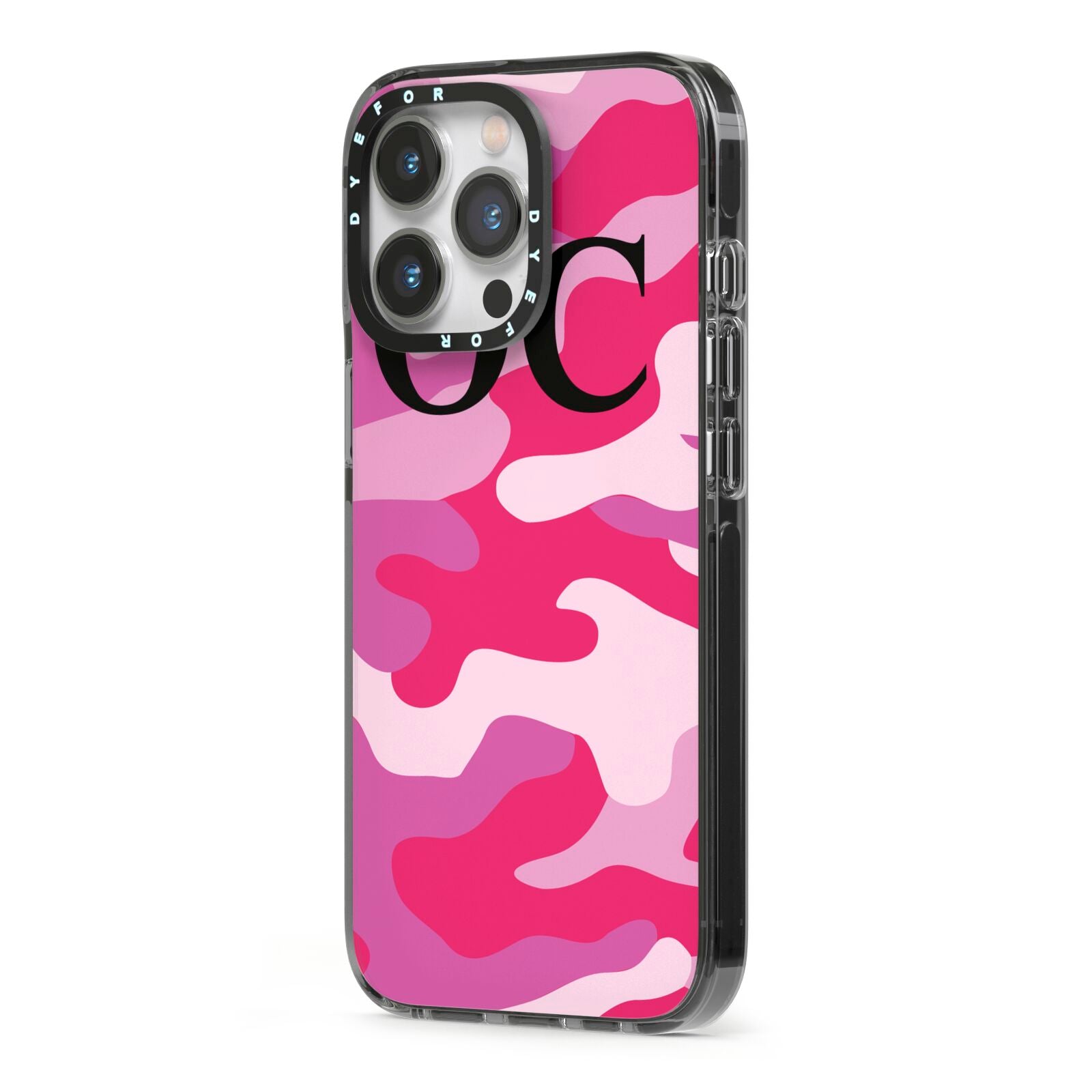 Camouflage Personalised iPhone 13 Pro Black Impact Case Side Angle on Silver phone