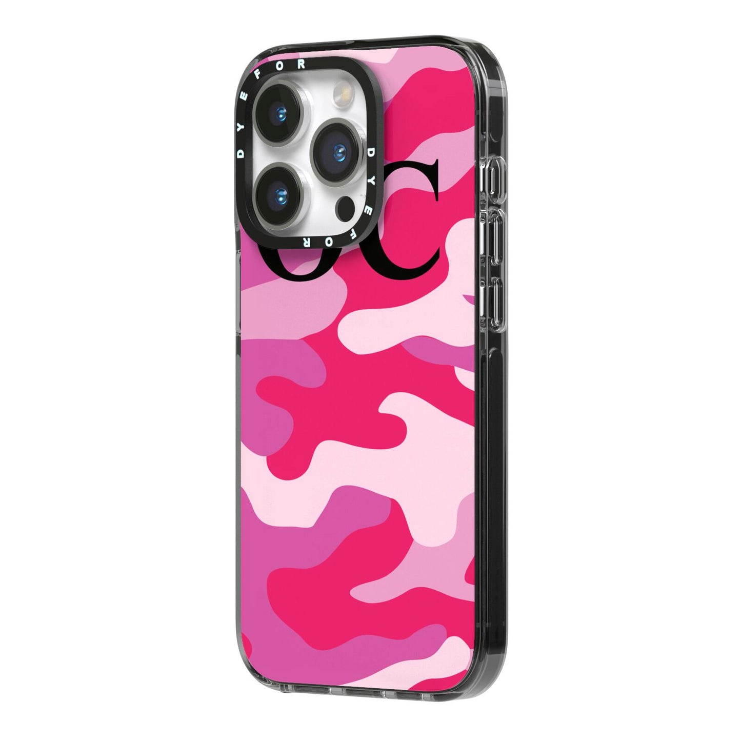 Camouflage Personalised iPhone 14 Pro Black Impact Case Side Angle on Silver phone