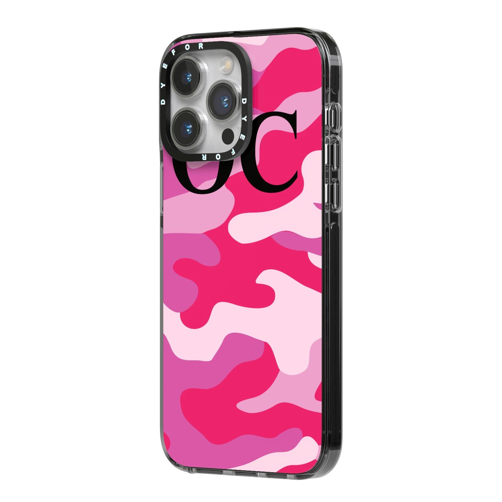 Camouflage Personalised iPhone 14 Pro Max Black Impact Case Side Angle on Silver phone