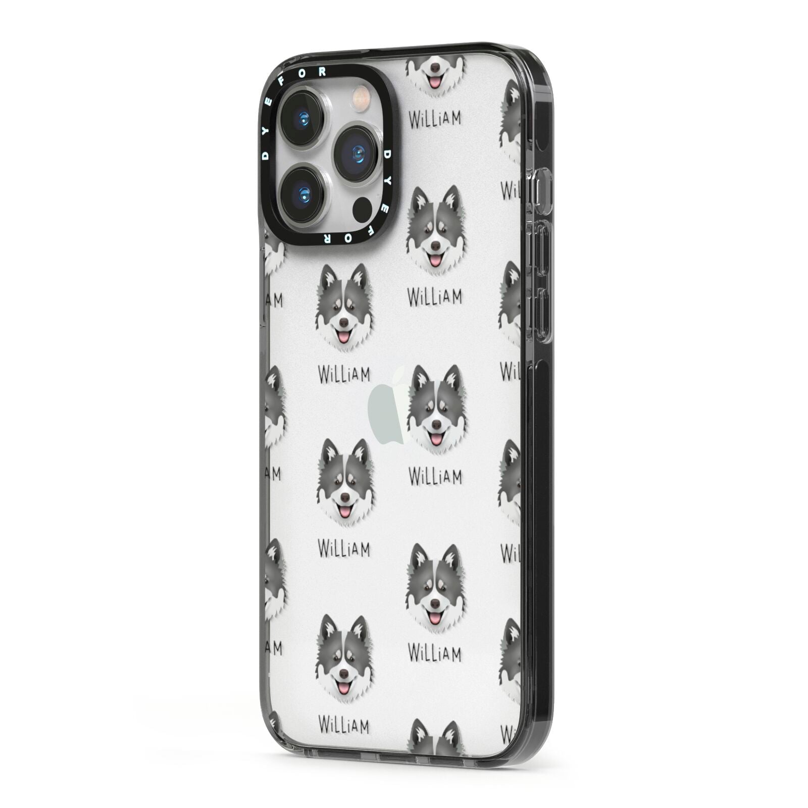 Canadian Eskimo Dog Icon with Name iPhone 13 Pro Max Black Impact Case Side Angle on Silver phone