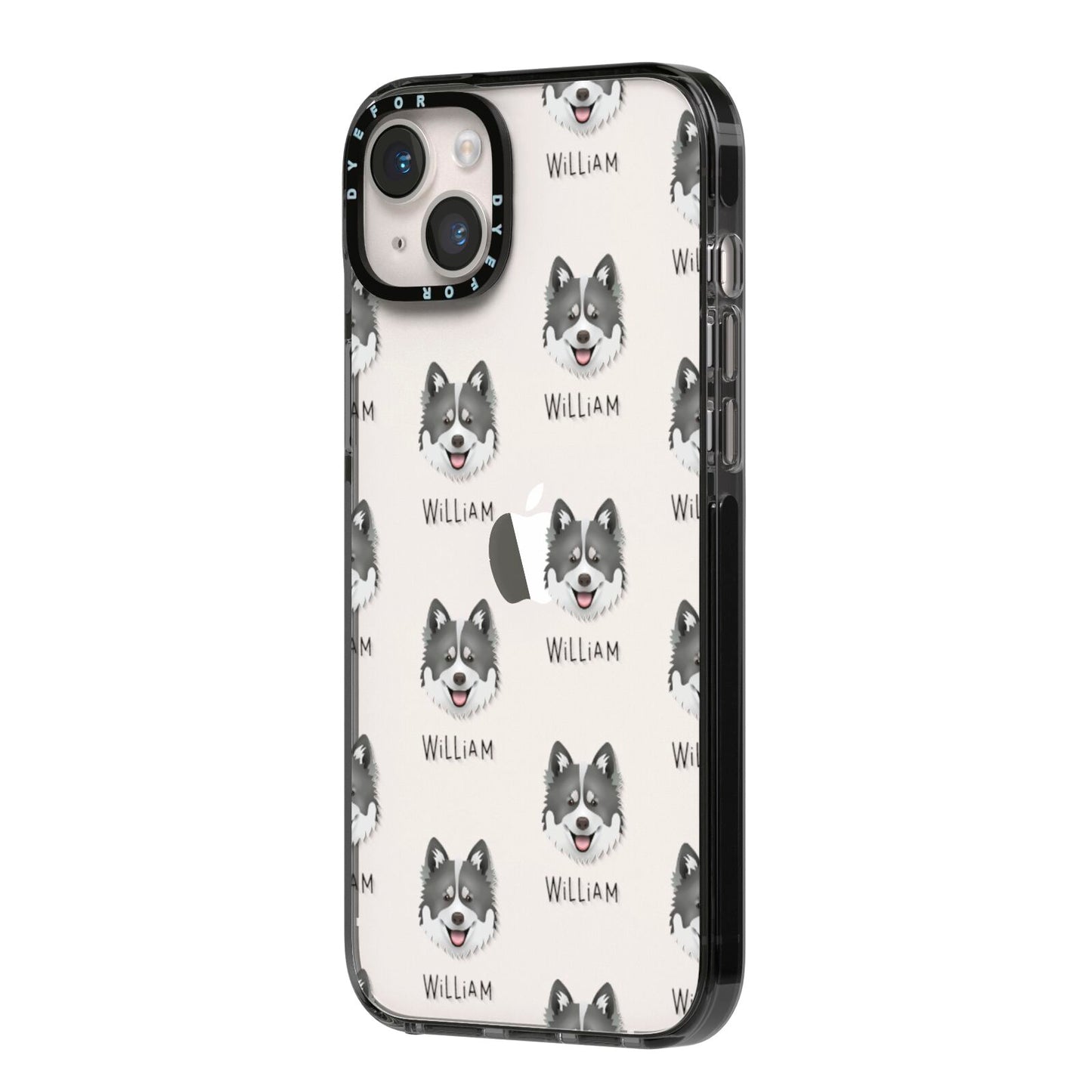 Canadian Eskimo Dog Icon with Name iPhone 14 Plus Black Impact Case Side Angle on Silver phone