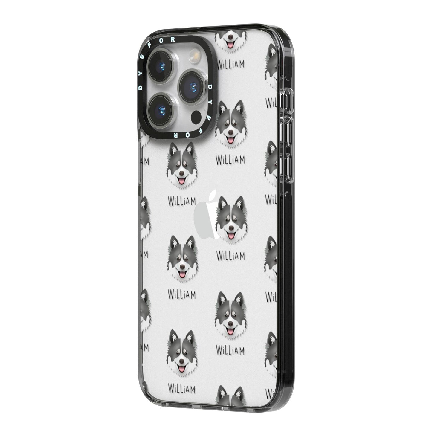 Canadian Eskimo Dog Icon with Name iPhone 14 Pro Max Black Impact Case Side Angle on Silver phone