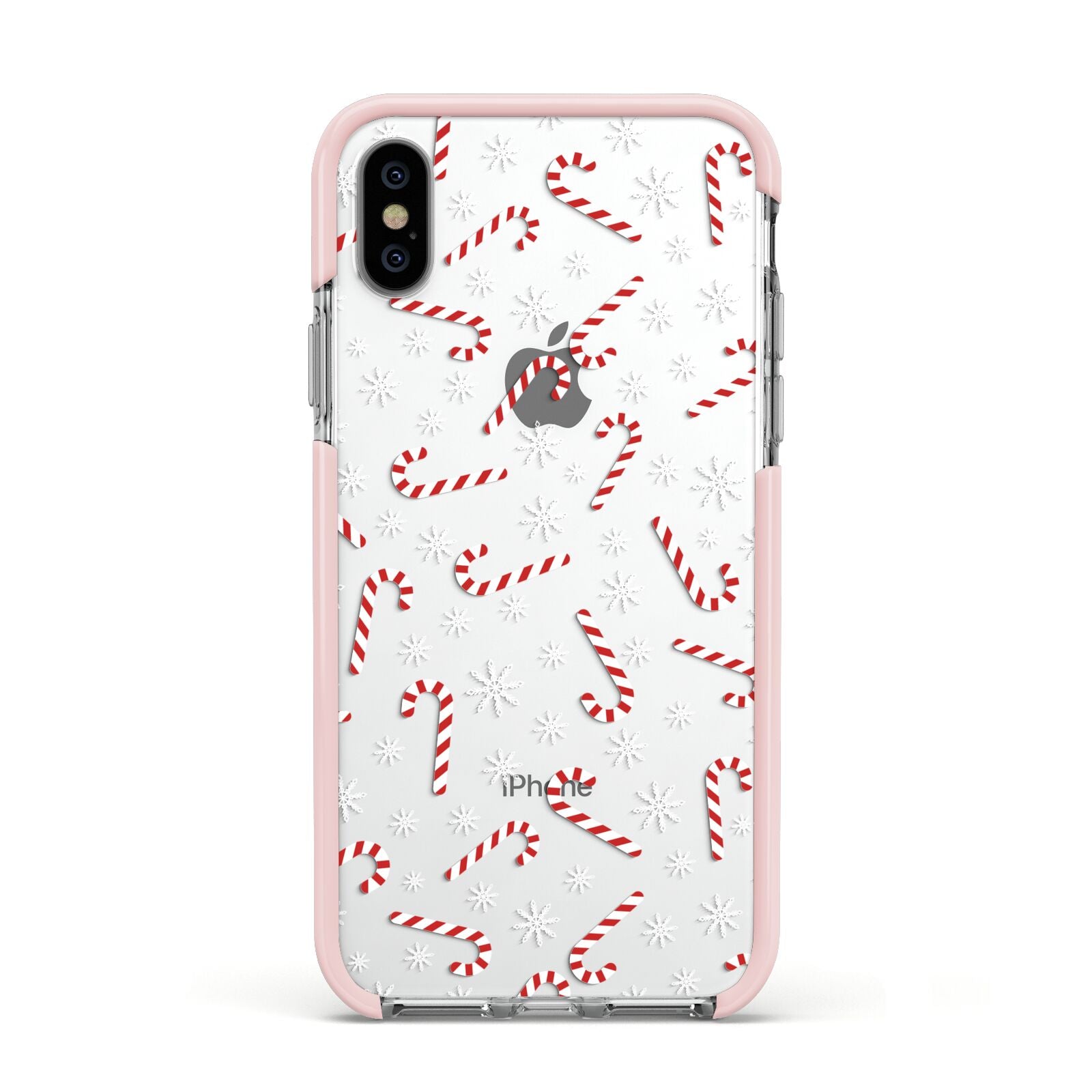 Candy Cane Apple iPhone Xs Impact Case Pink Edge on Silver Phone