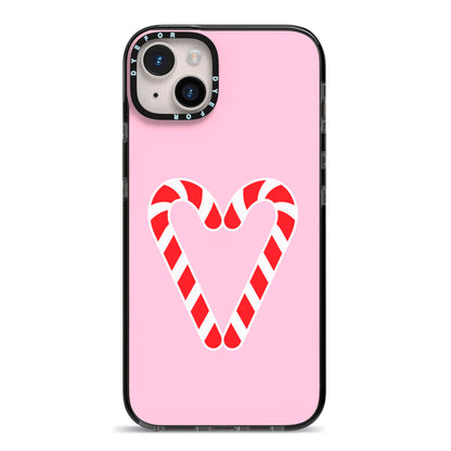 Candy Cane Heart iPhone 14 Plus Black Impact Case on Silver phone