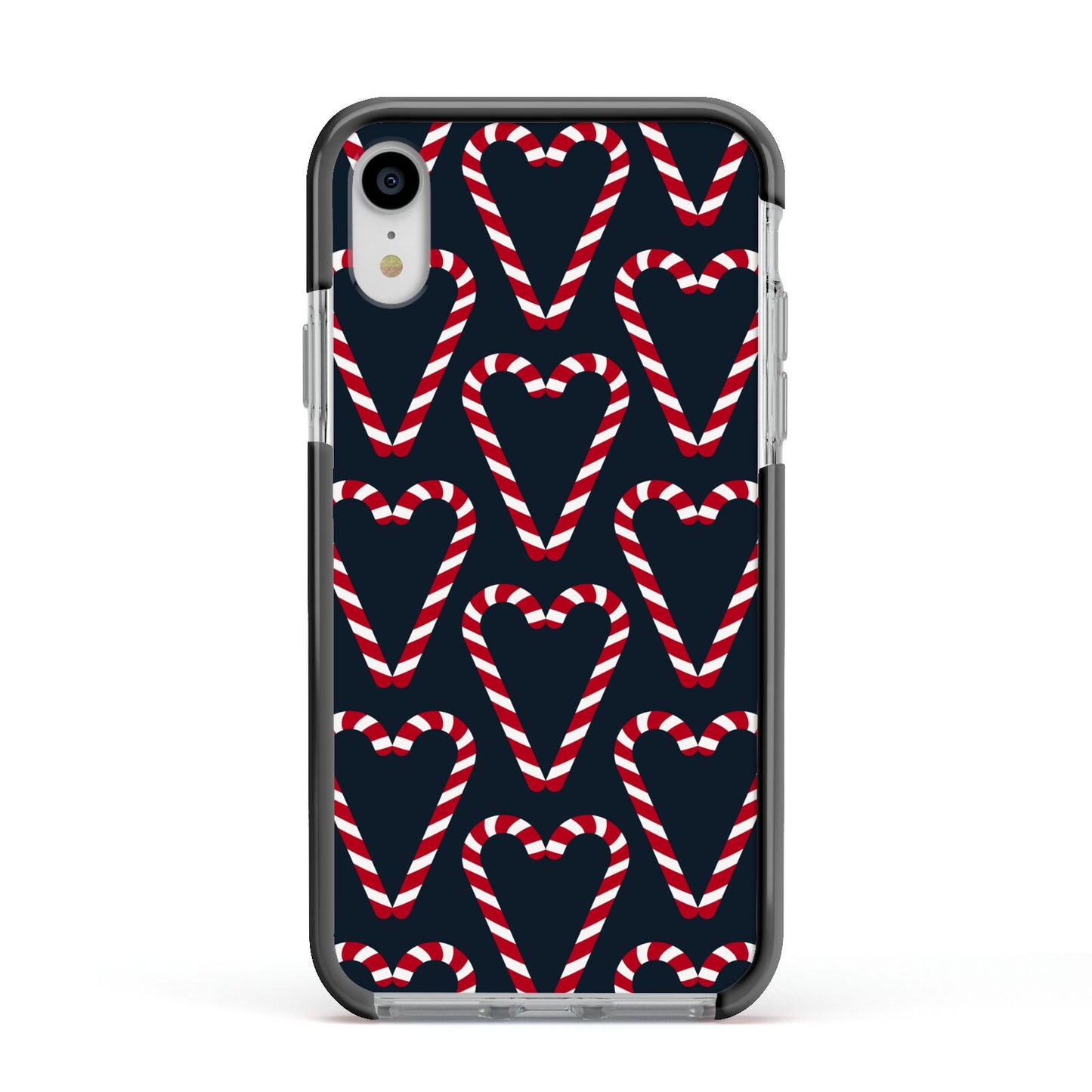 Candy Cane Pattern Apple iPhone XR Impact Case Black Edge on Silver Phone
