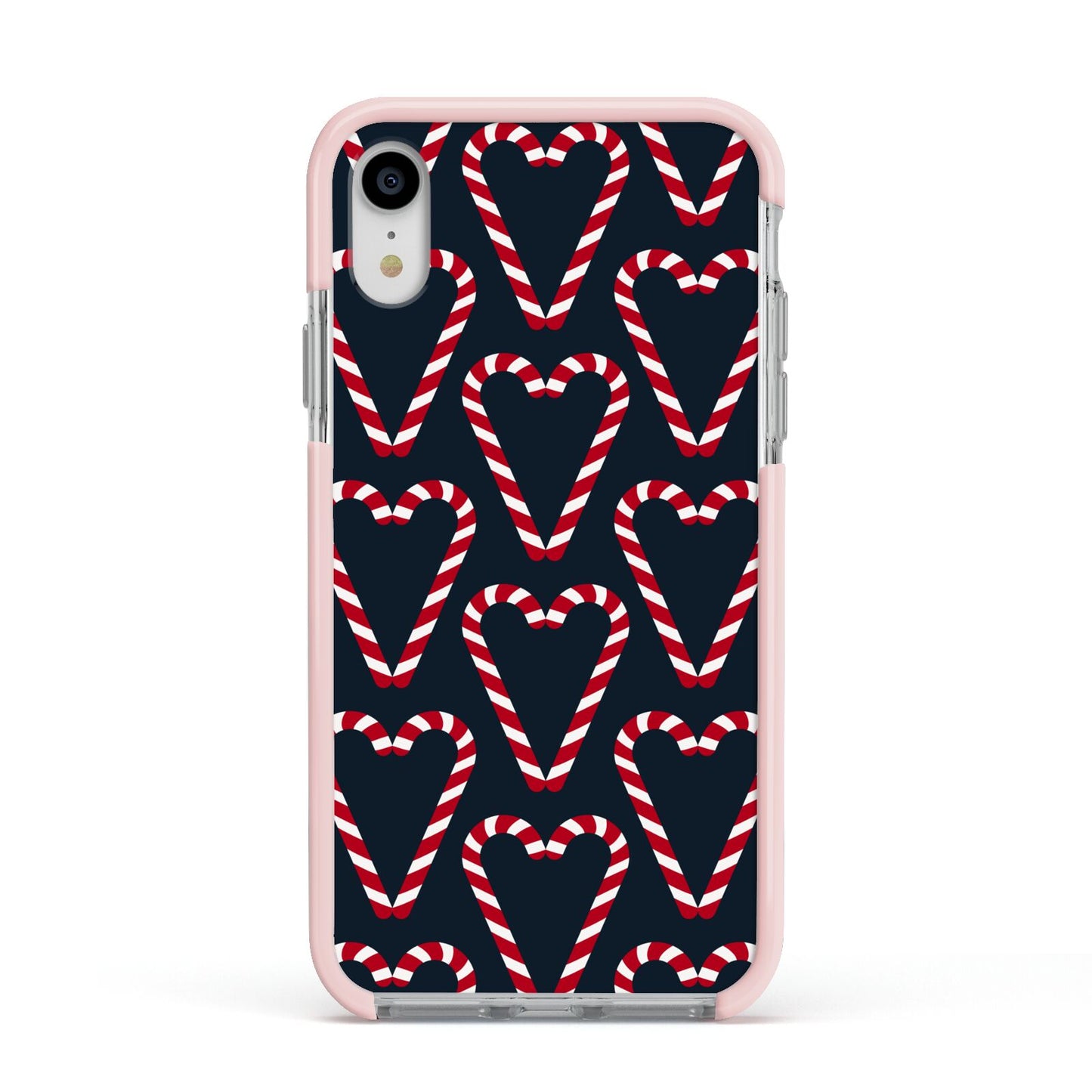 Candy Cane Pattern Apple iPhone XR Impact Case Pink Edge on Silver Phone