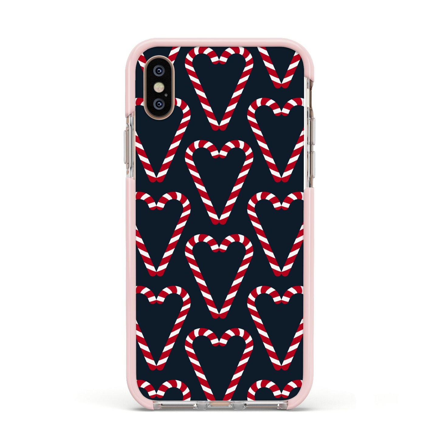 Candy Cane Pattern Apple iPhone Xs Impact Case Pink Edge on Gold Phone