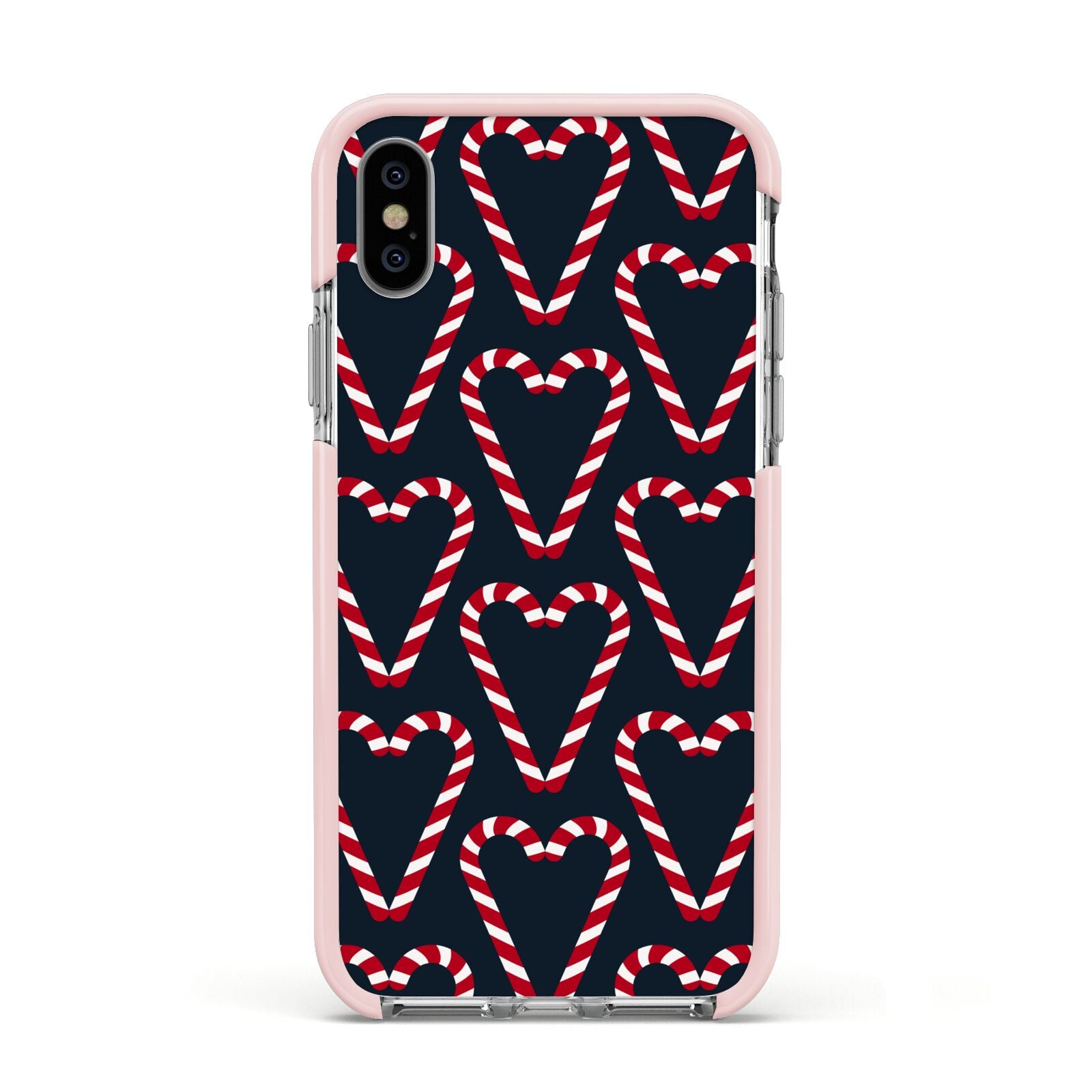 Candy Cane Pattern Apple iPhone Xs Impact Case Pink Edge on Silver Phone