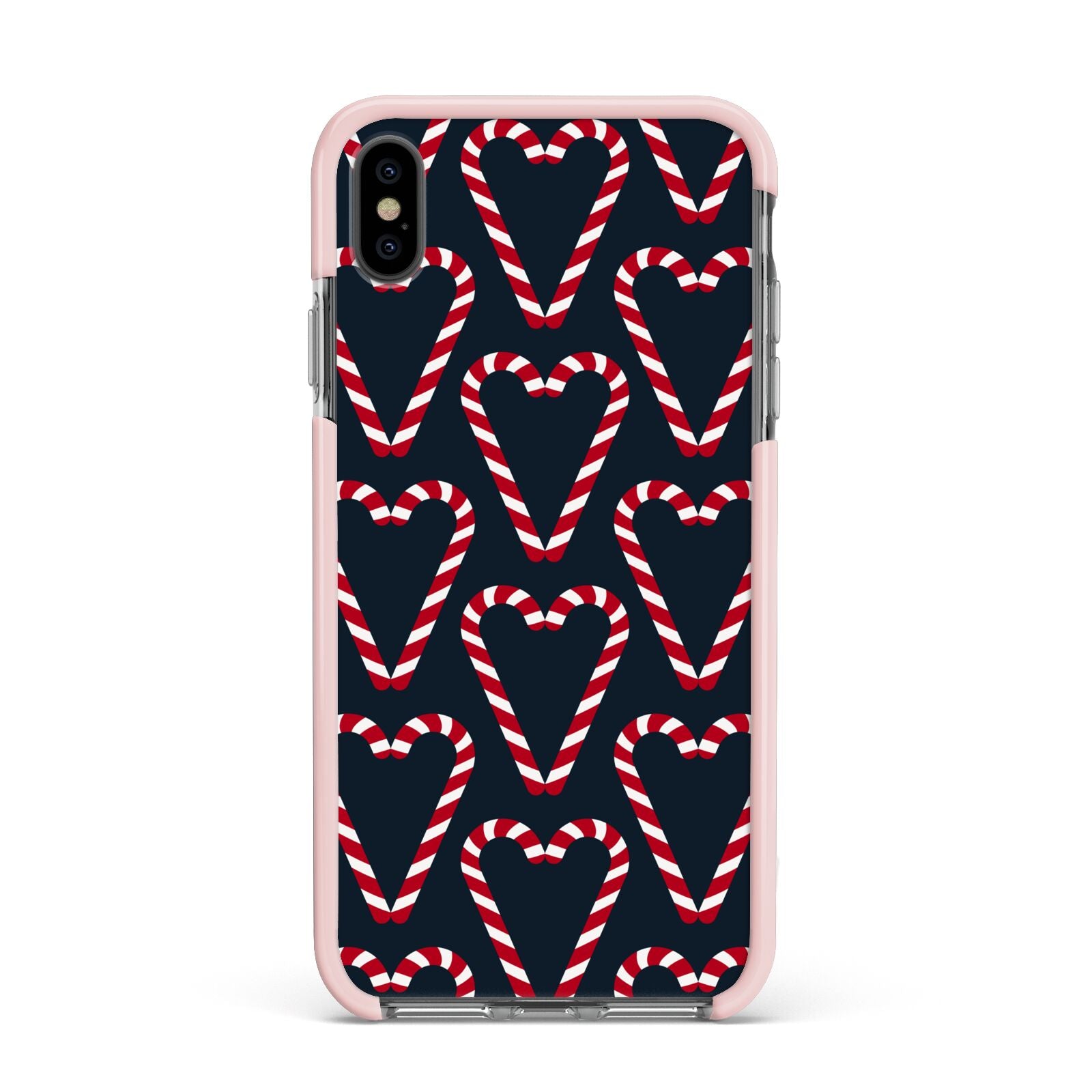 Candy Cane Pattern Apple iPhone Xs Max Impact Case Pink Edge on Black Phone