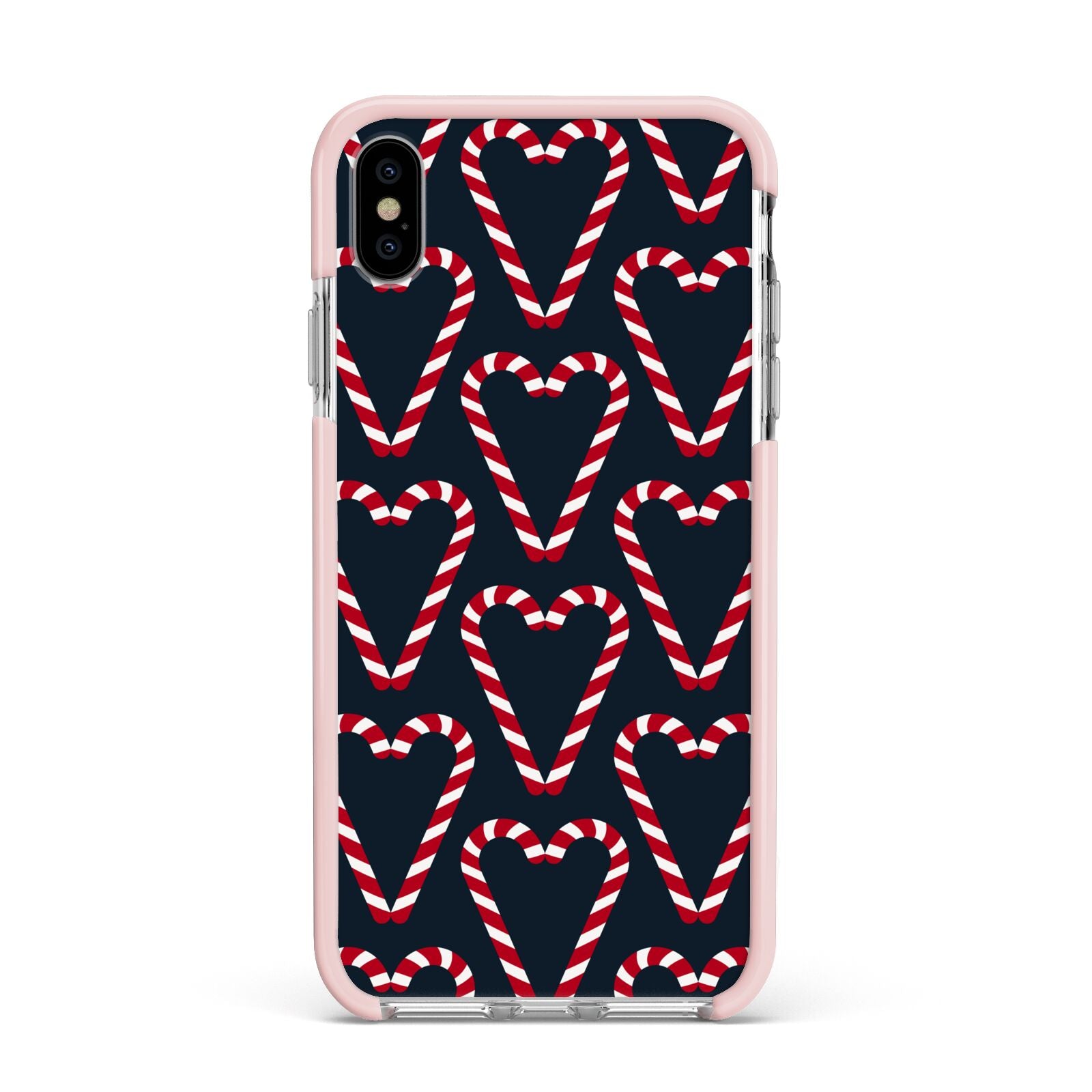 Candy Cane Pattern Apple iPhone Xs Max Impact Case Pink Edge on Silver Phone