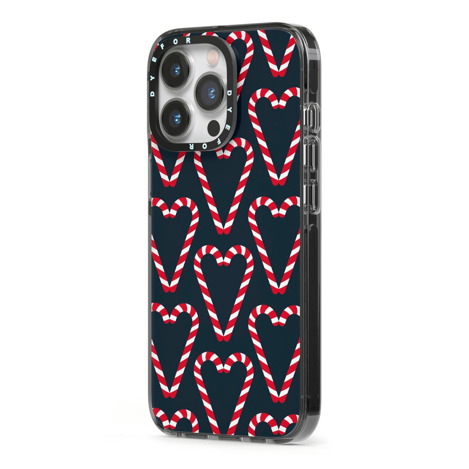 Candy Cane Pattern iPhone 13 Pro Black Impact Case Side Angle on Silver phone