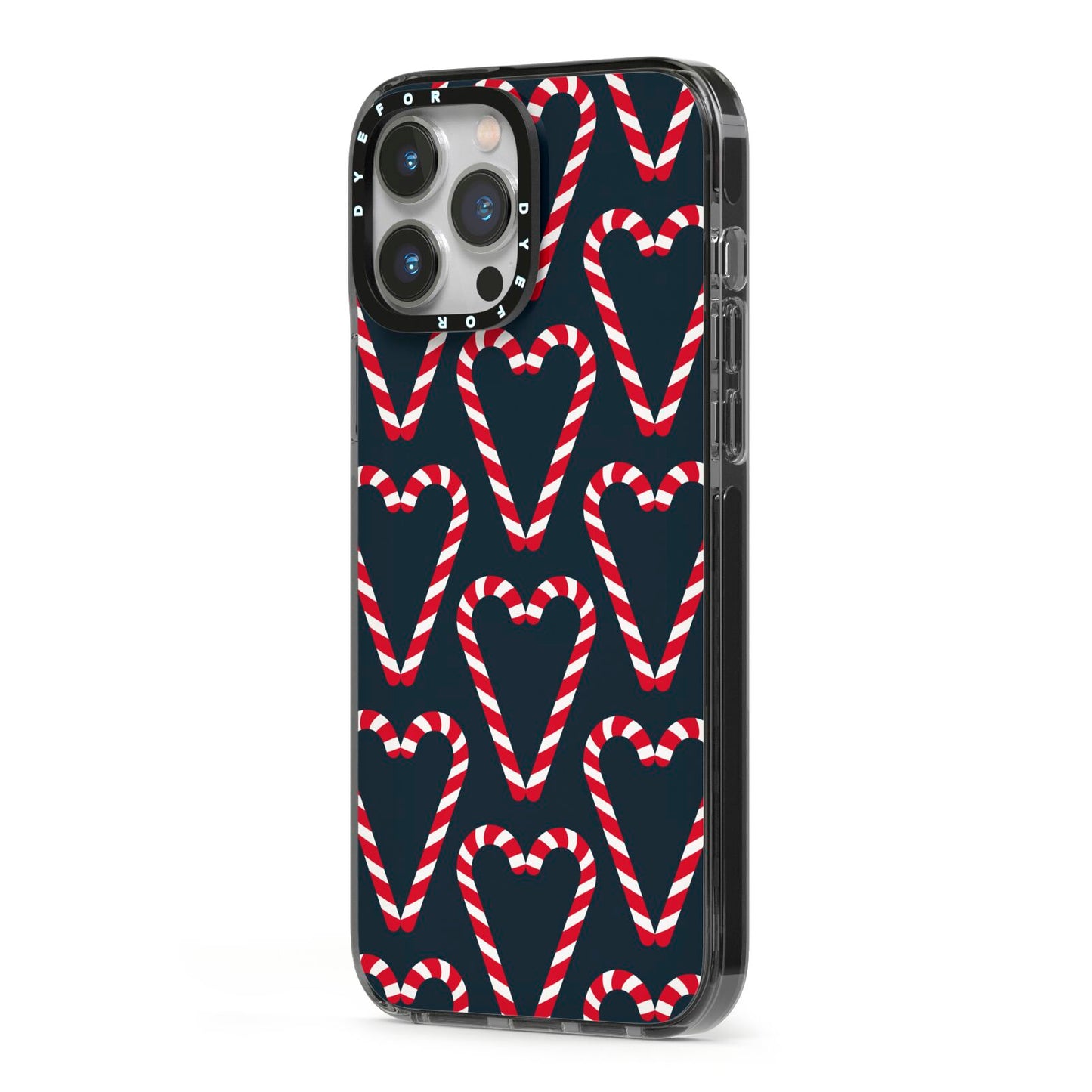 Candy Cane Pattern iPhone 13 Pro Max Black Impact Case Side Angle on Silver phone