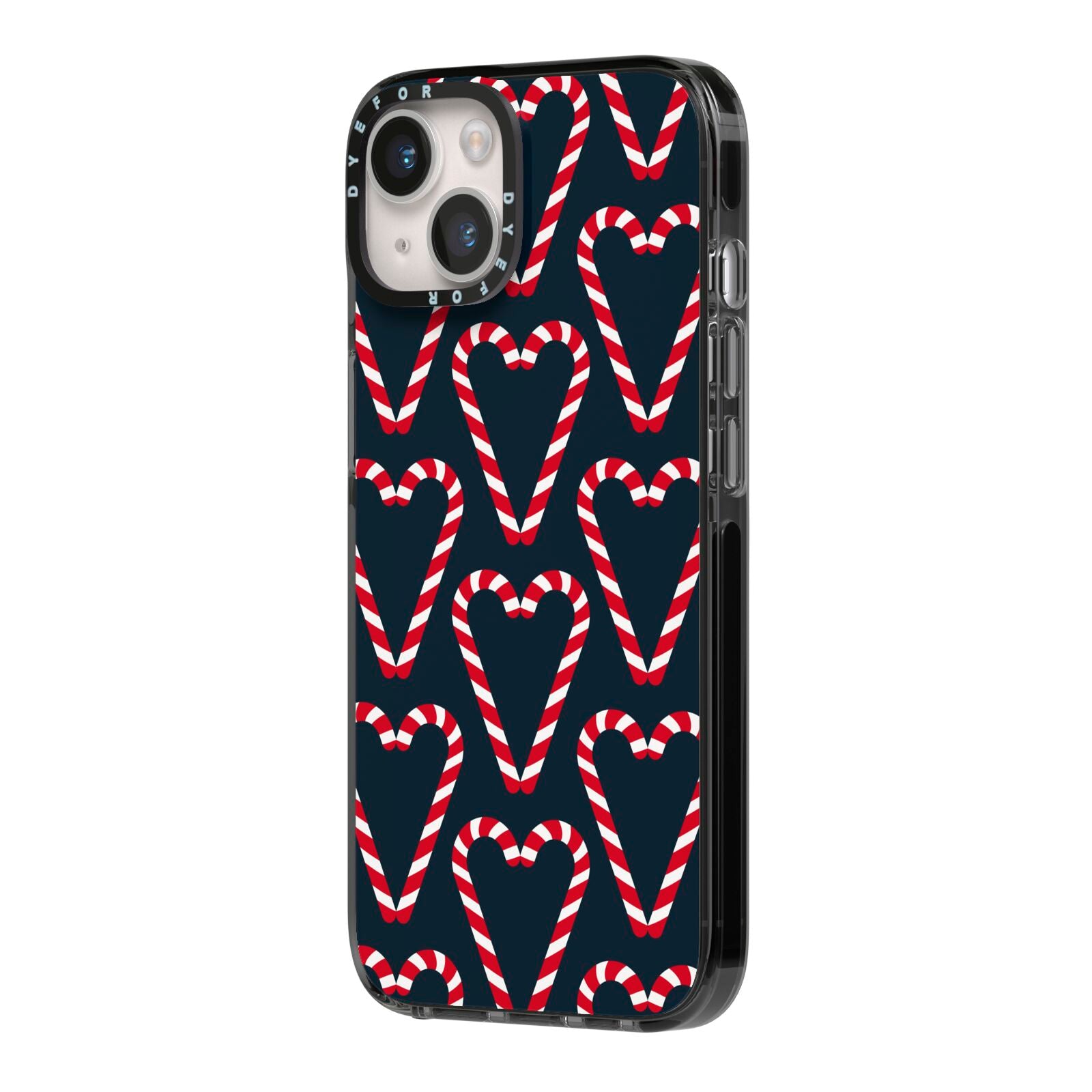 Candy Cane Pattern iPhone 14 Black Impact Case Side Angle on Silver phone