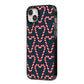 Candy Cane Pattern iPhone 14 Plus Black Impact Case Side Angle on Silver phone
