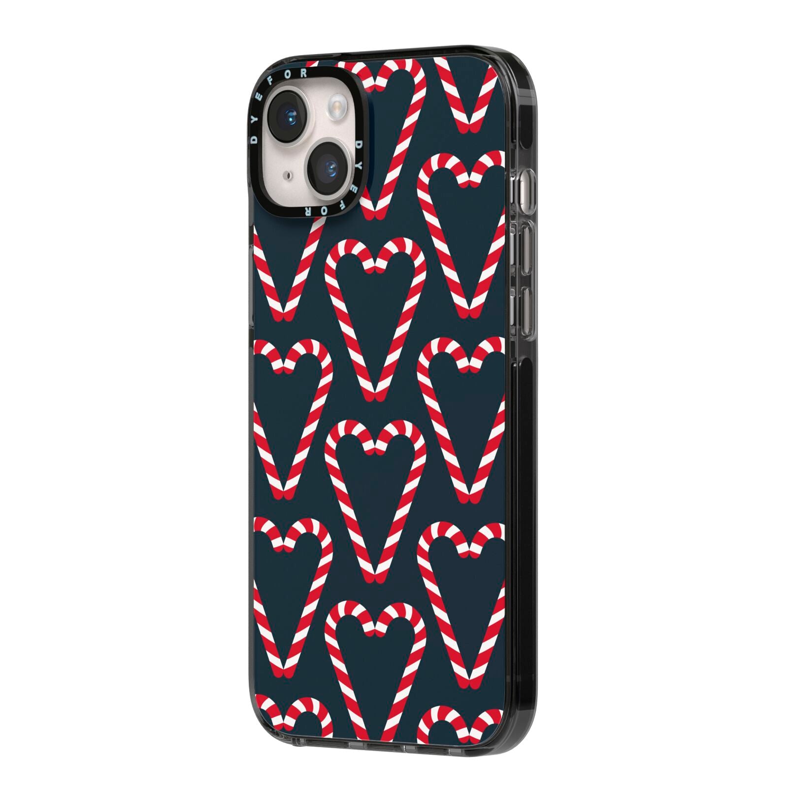 Candy Cane Pattern iPhone 14 Plus Black Impact Case Side Angle on Silver phone
