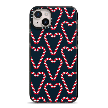 Candy Cane Pattern iPhone 14 Plus Black Impact Case on Silver phone
