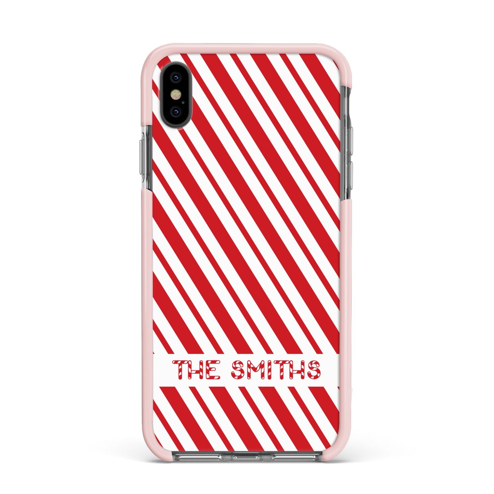 Candy Cane Personalised Apple iPhone Xs Max Impact Case Pink Edge on Black Phone