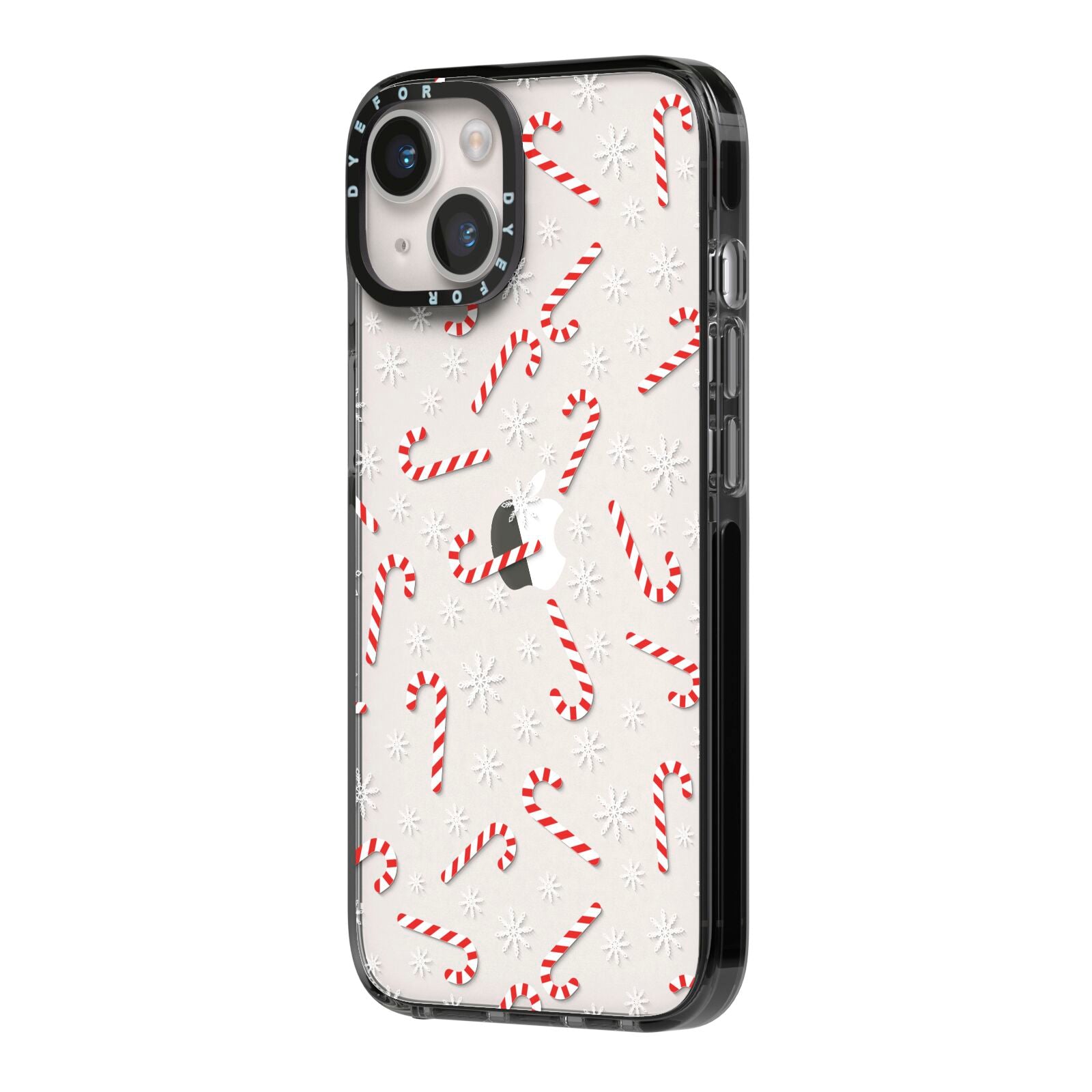 Candy Cane iPhone 14 Black Impact Case Side Angle on Silver phone