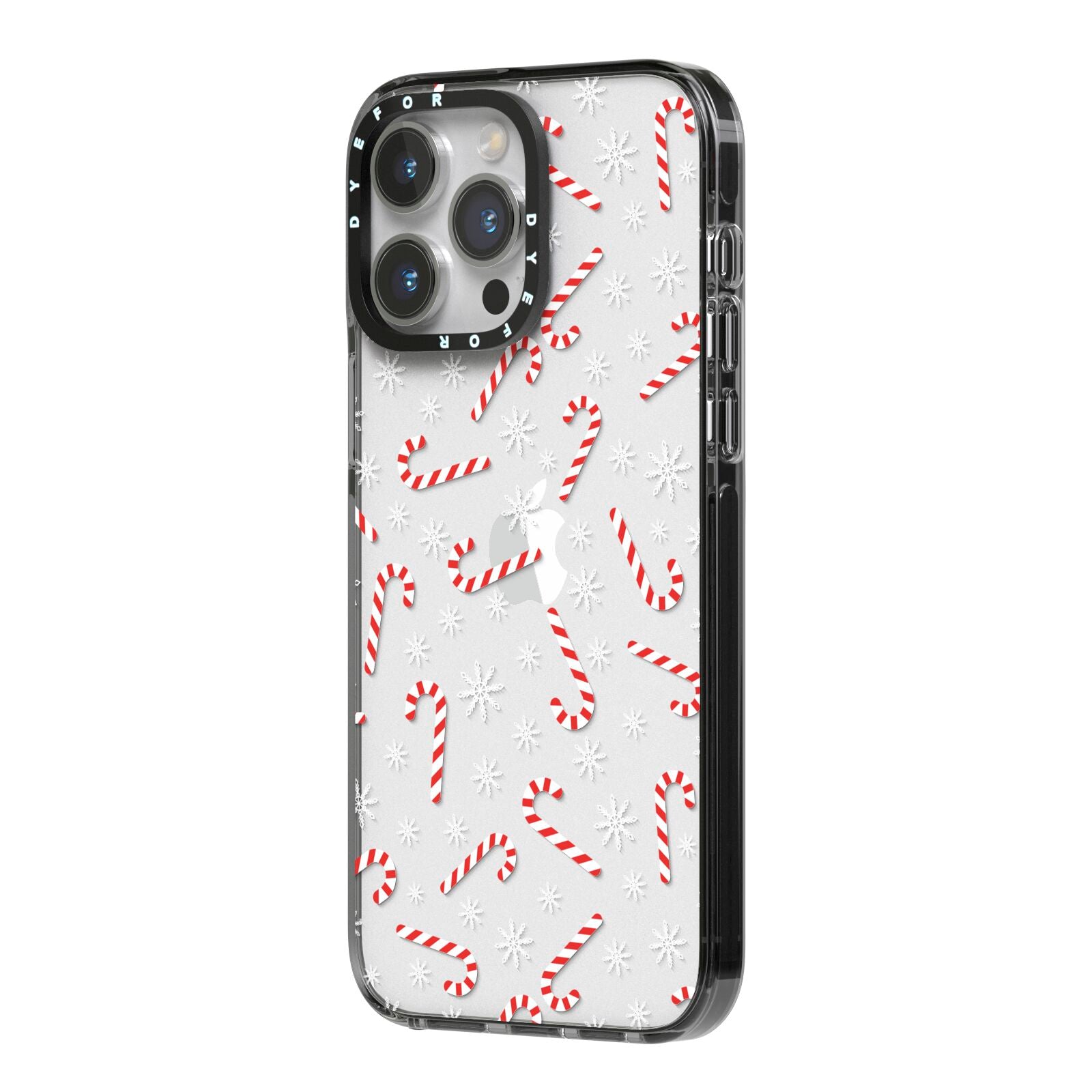 Candy Cane iPhone 14 Pro Max Black Impact Case Side Angle on Silver phone